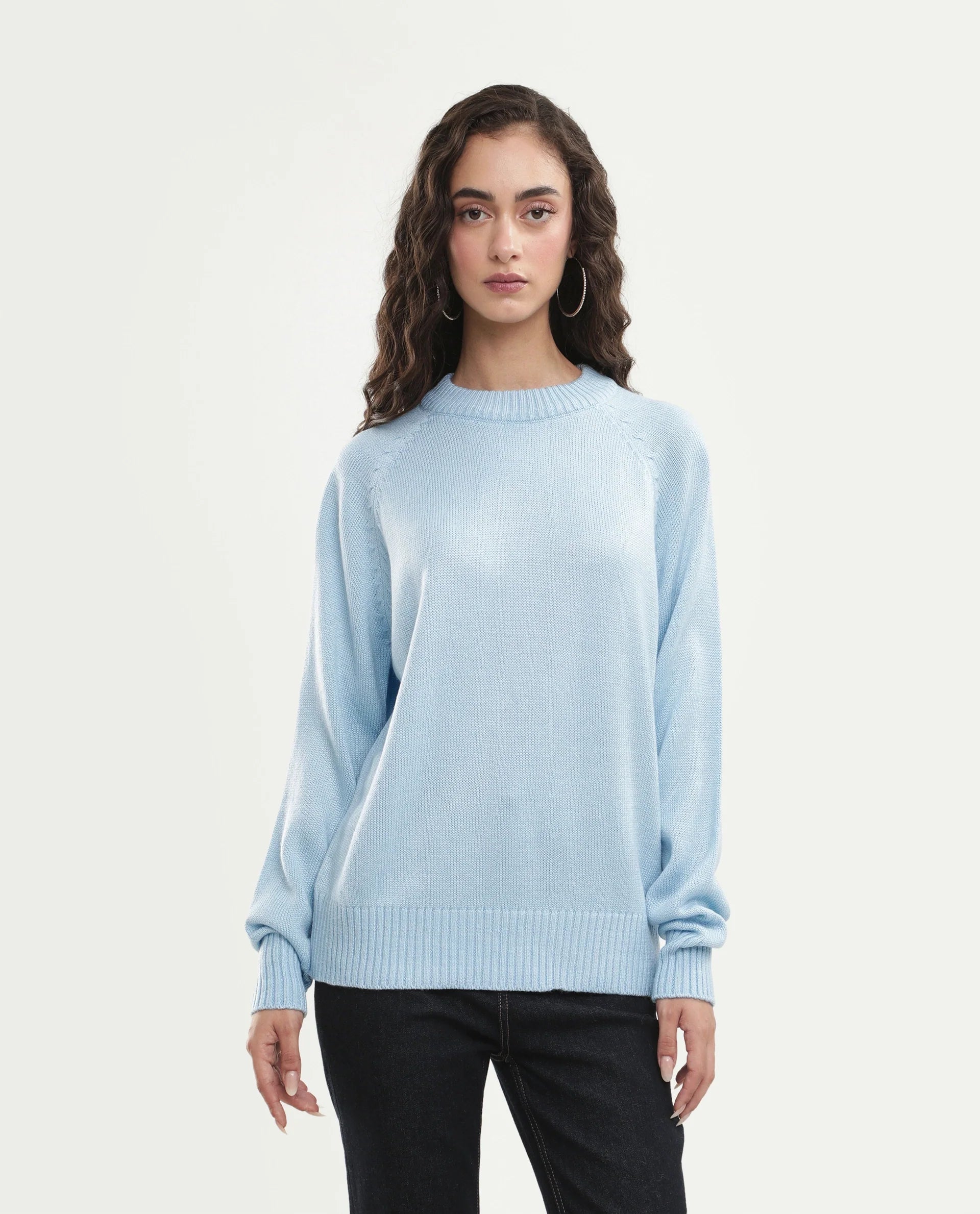 Rareism Women's Mitso Pastel Blue Acrylic Crew Neck Relaxed Fit Plain Sweater