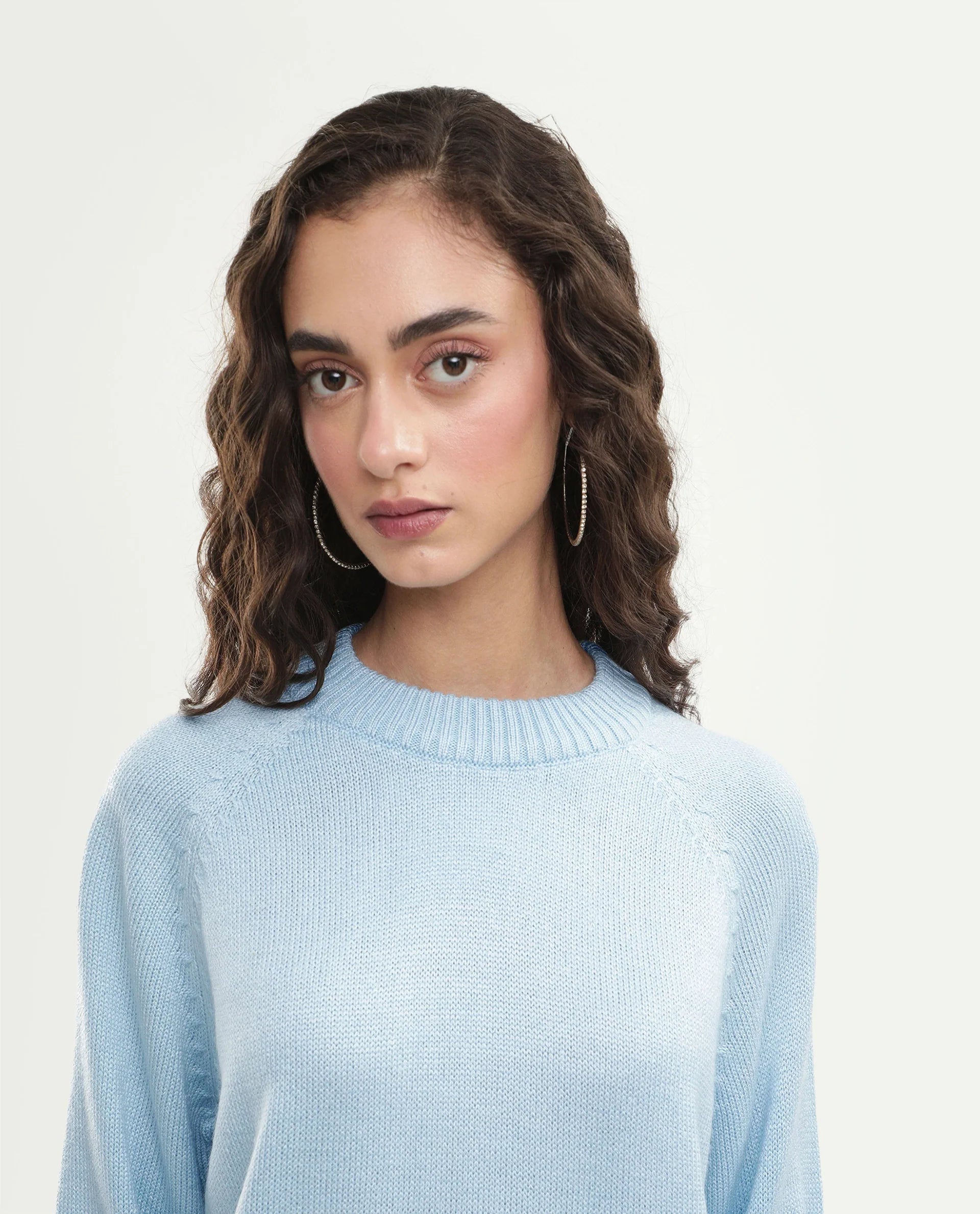 Rareism Women's Mitso Pastel Blue Acrylic Crew Neck Relaxed Fit Plain Sweater