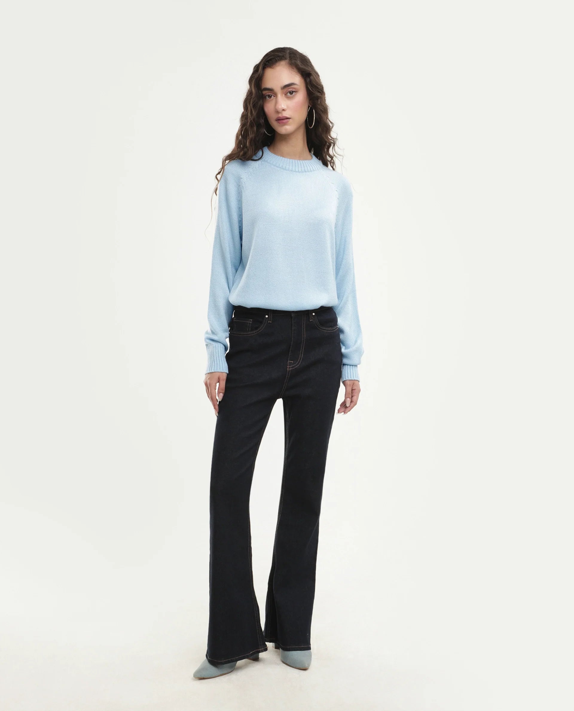 Rareism Women's Mitso Pastel Blue Acrylic Crew Neck Relaxed Fit Plain Sweater