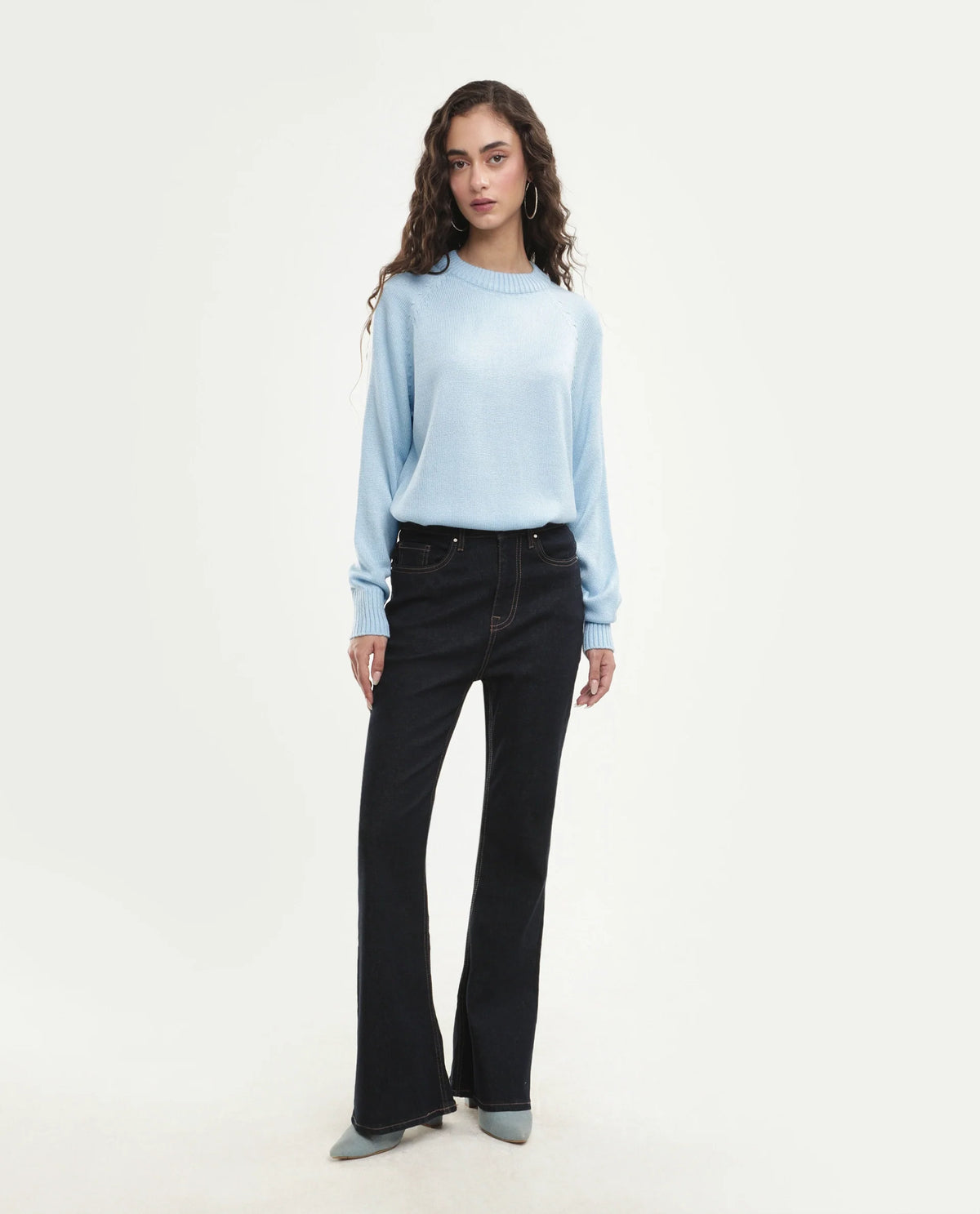 Rareism Women's Mitso Pastel Blue Acrylic Crew Neck Relaxed Fit Plain Sweater