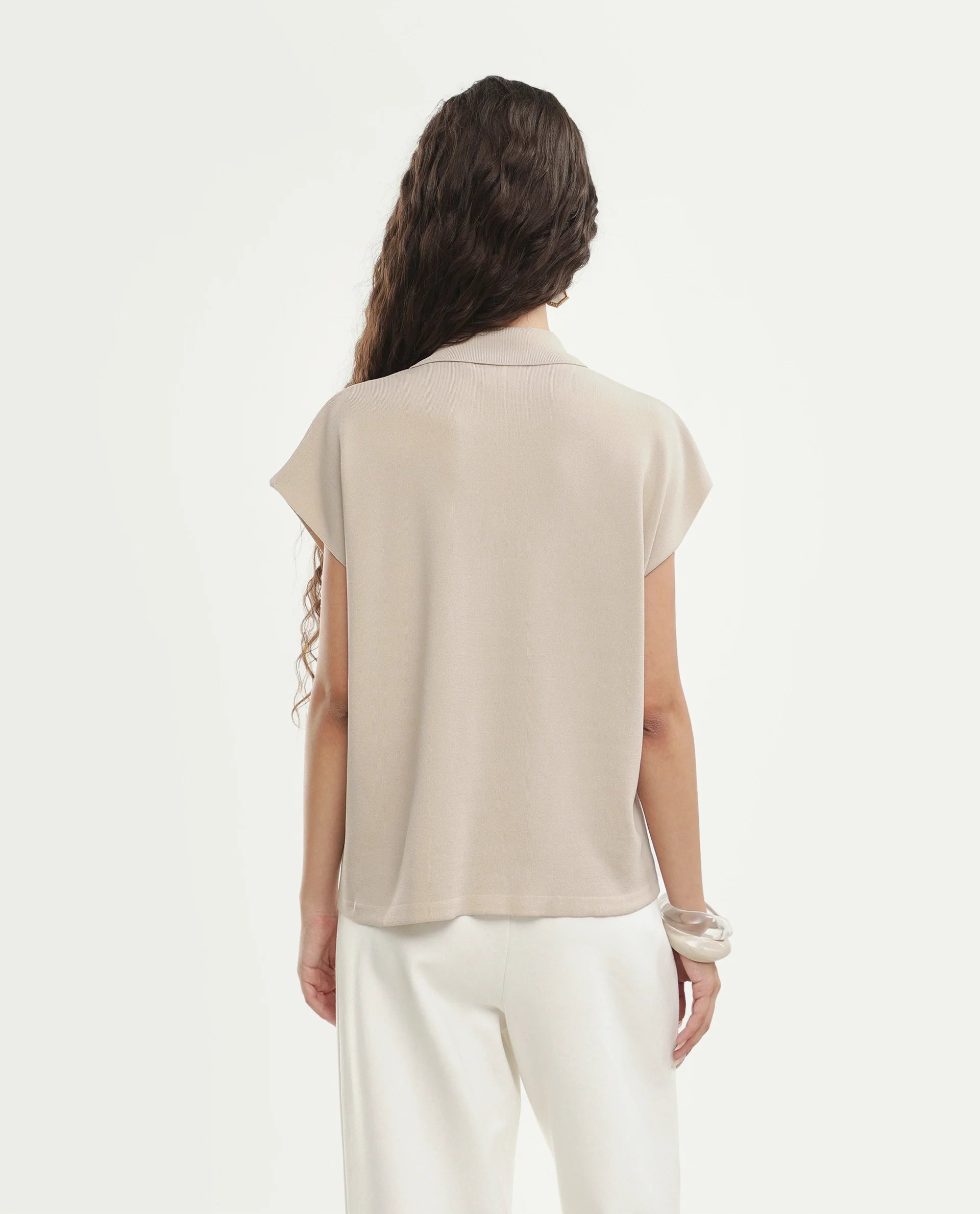 Rareism Women's Prepolaw26 Beige Viscose Blend Spread Collar Relaxed Fit Plain Top