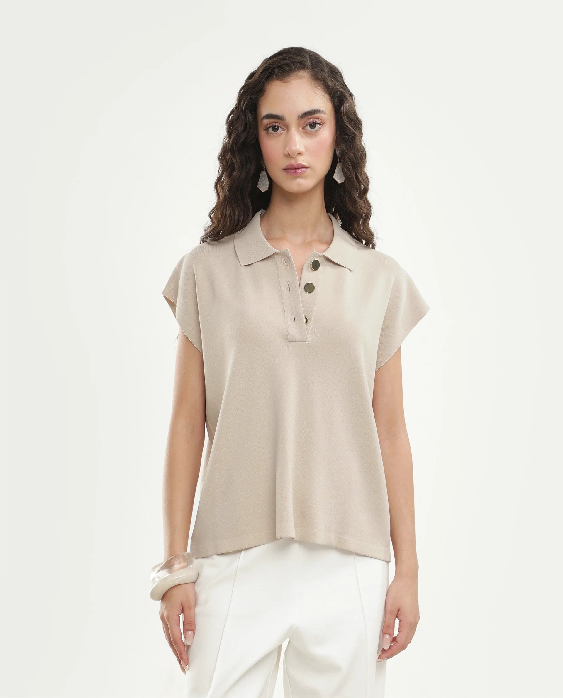 Rareism Women's Prepolaw26 Beige Viscose Blend Spread Collar Relaxed Fit Plain Top