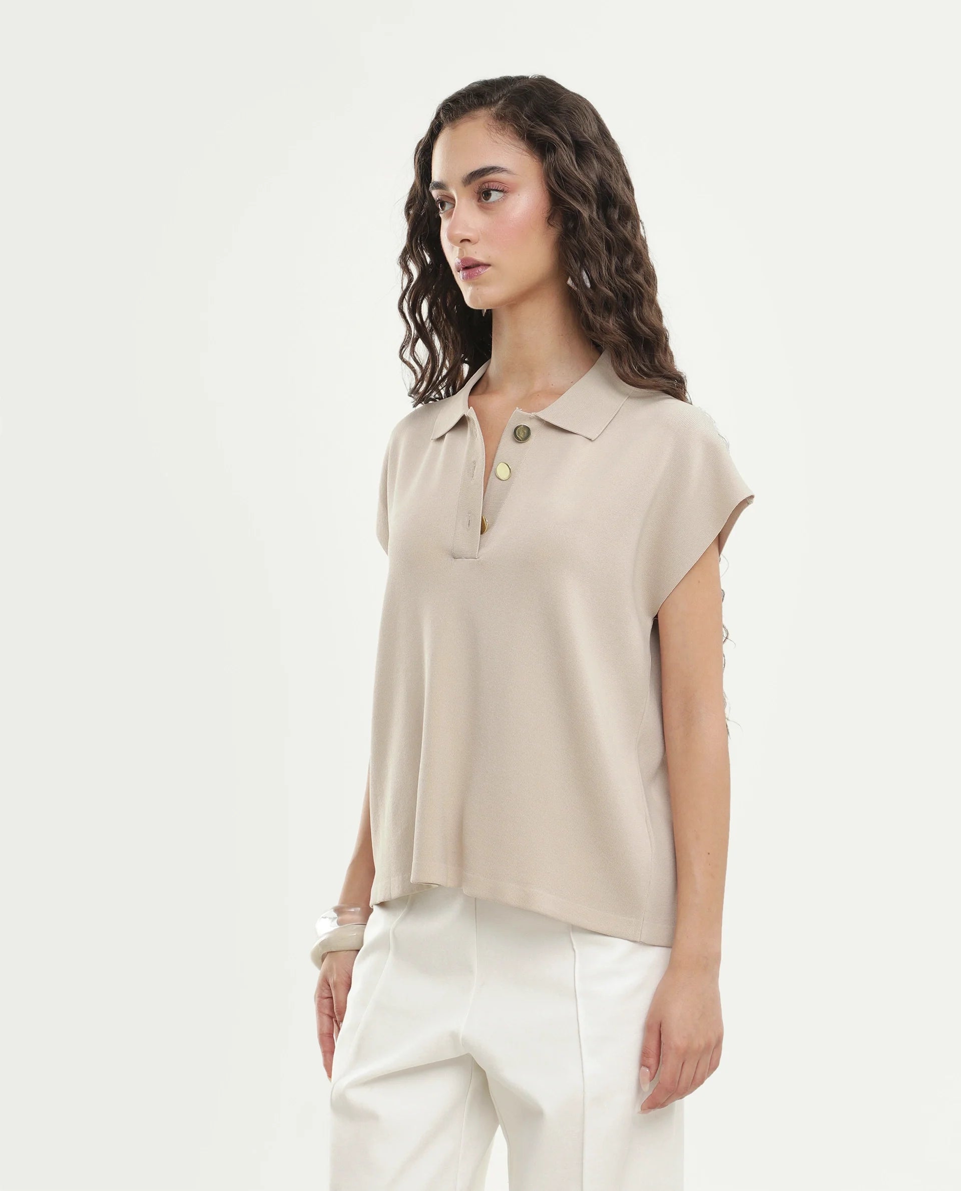 Rareism Women's Prepolaw26 Beige Viscose Blend Spread Collar Relaxed Fit Plain Top