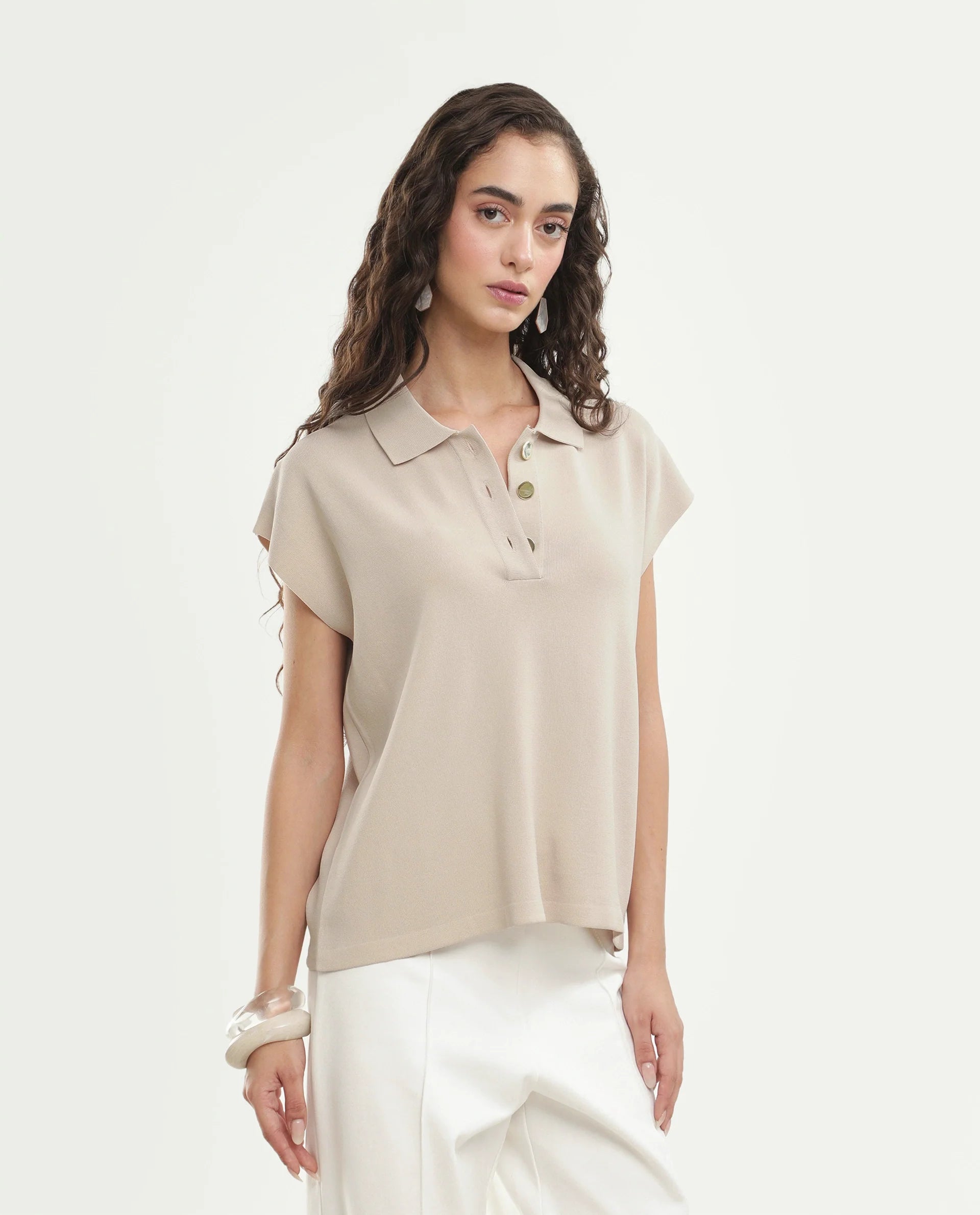 Rareism Women's Prepolaw26 Beige Viscose Blend Spread Collar Relaxed Fit Plain Top