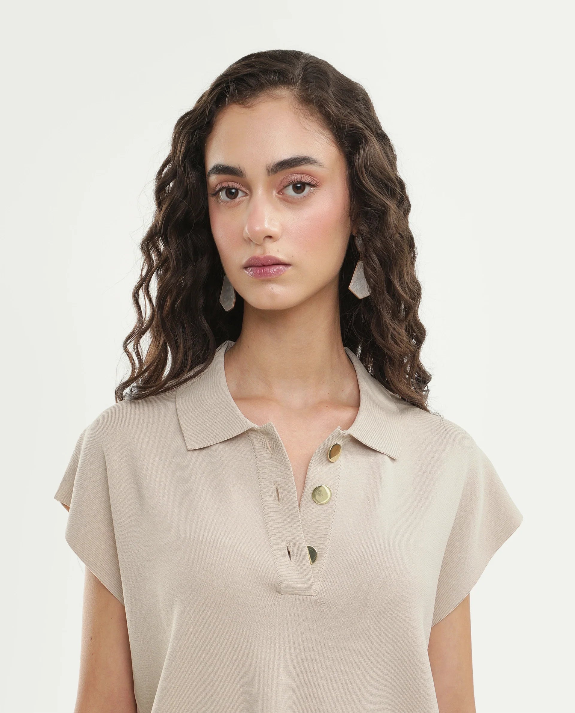 Rareism Women's Prepolaw26 Beige Viscose Blend Spread Collar Relaxed Fit Plain Top