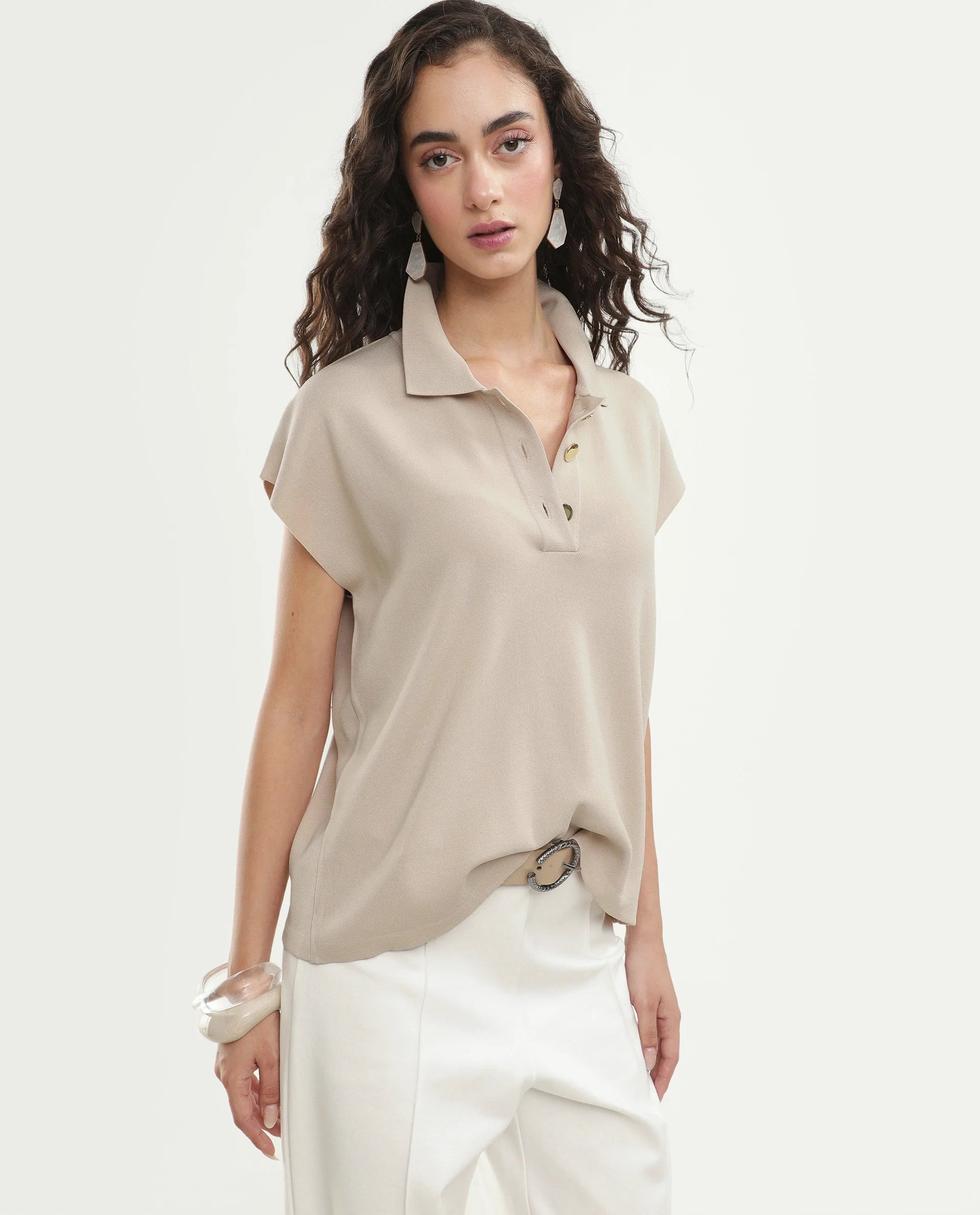 Rareism Women's Prepolaw26 Beige Viscose Blend Spread Collar Relaxed Fit Plain Top