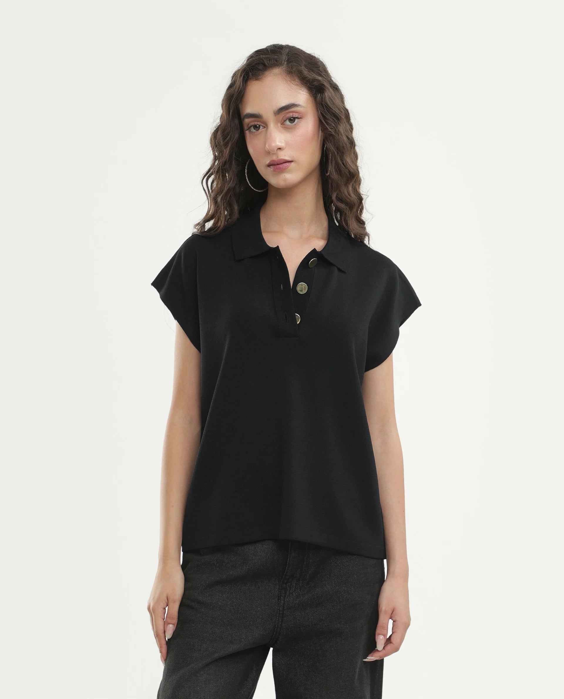 Rareism Women's Prepolaw26 Black Viscose Blend Spread Collar Relaxed Fit Plain Top