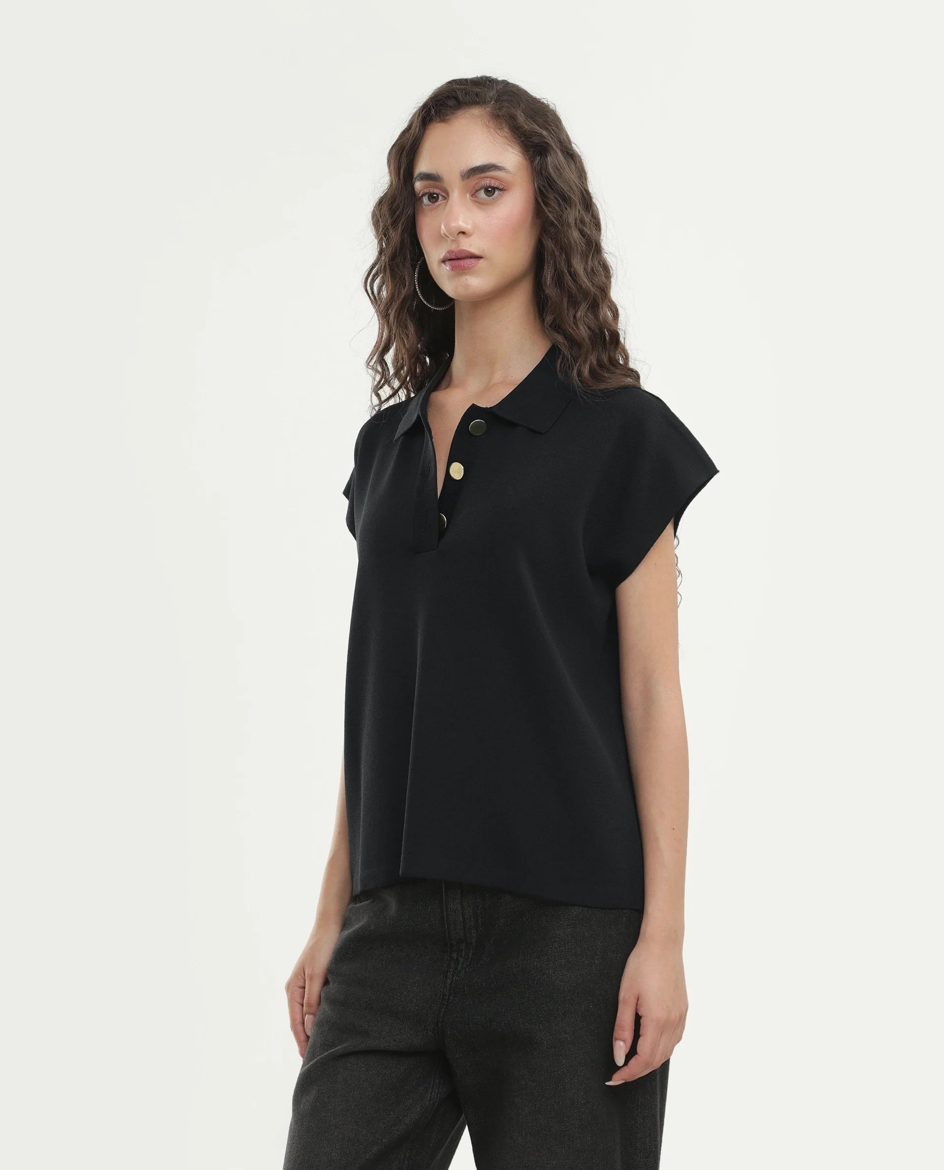 Rareism Women's Prepolaw26 Black Viscose Blend Spread Collar Relaxed Fit Plain Top