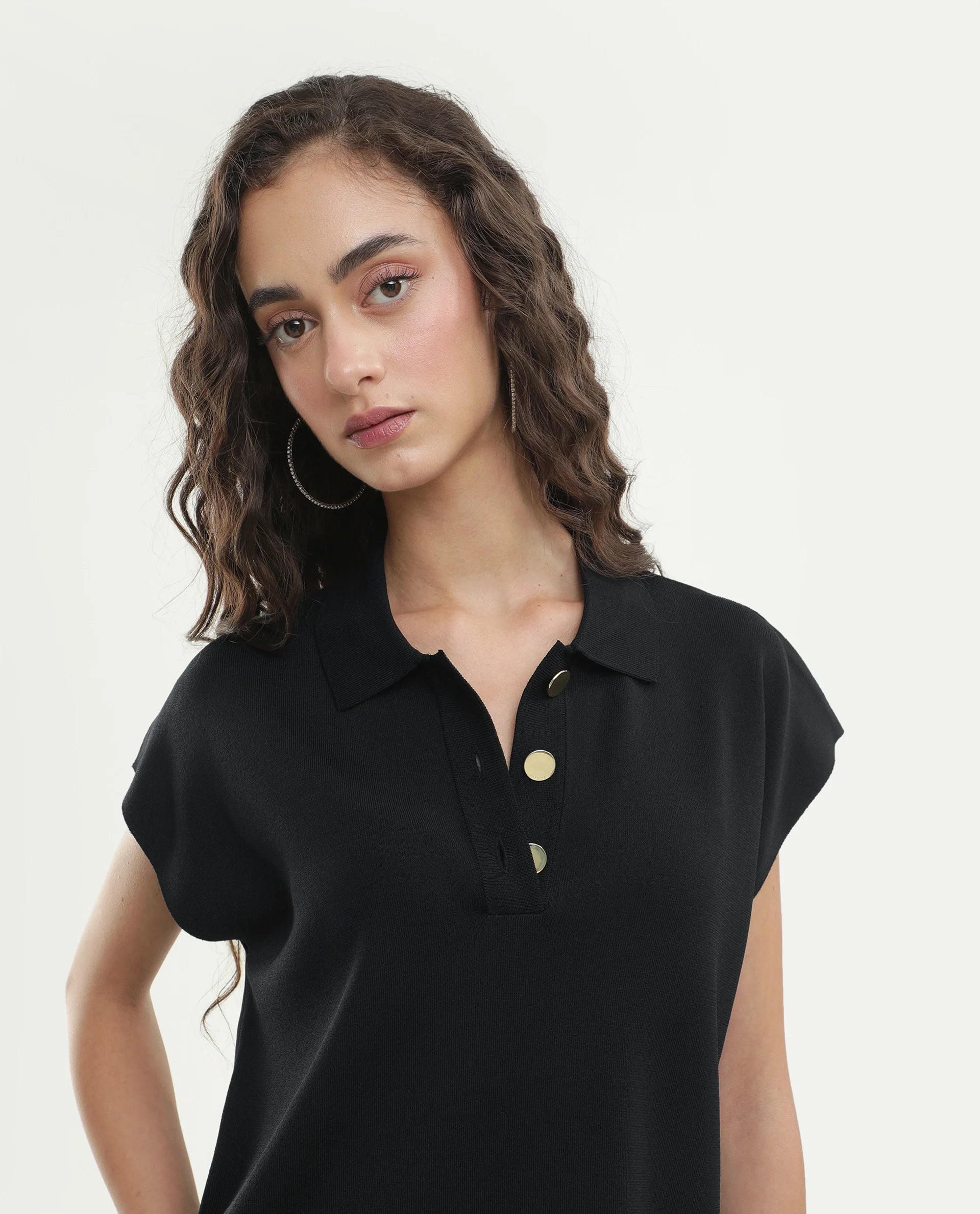 Rareism Women's Prepolaw26 Black Viscose Blend Spread Collar Relaxed Fit Plain Top