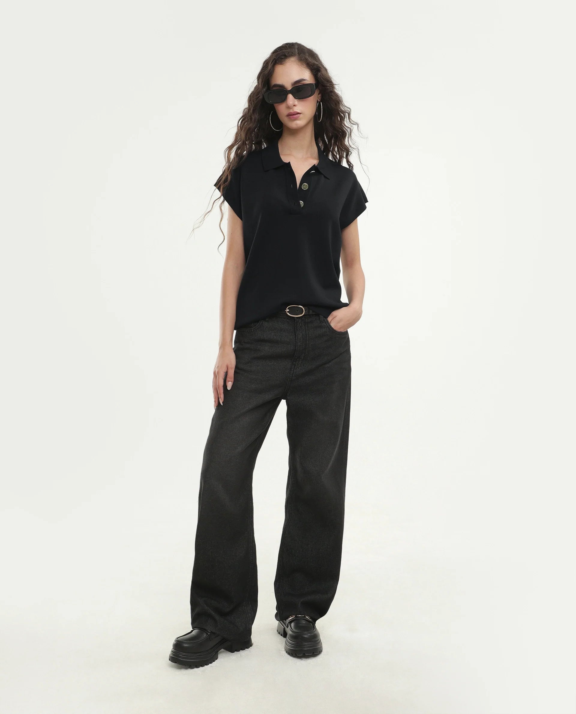 Rareism Women's Prepolaw26 Black Viscose Blend Spread Collar Relaxed Fit Plain Top