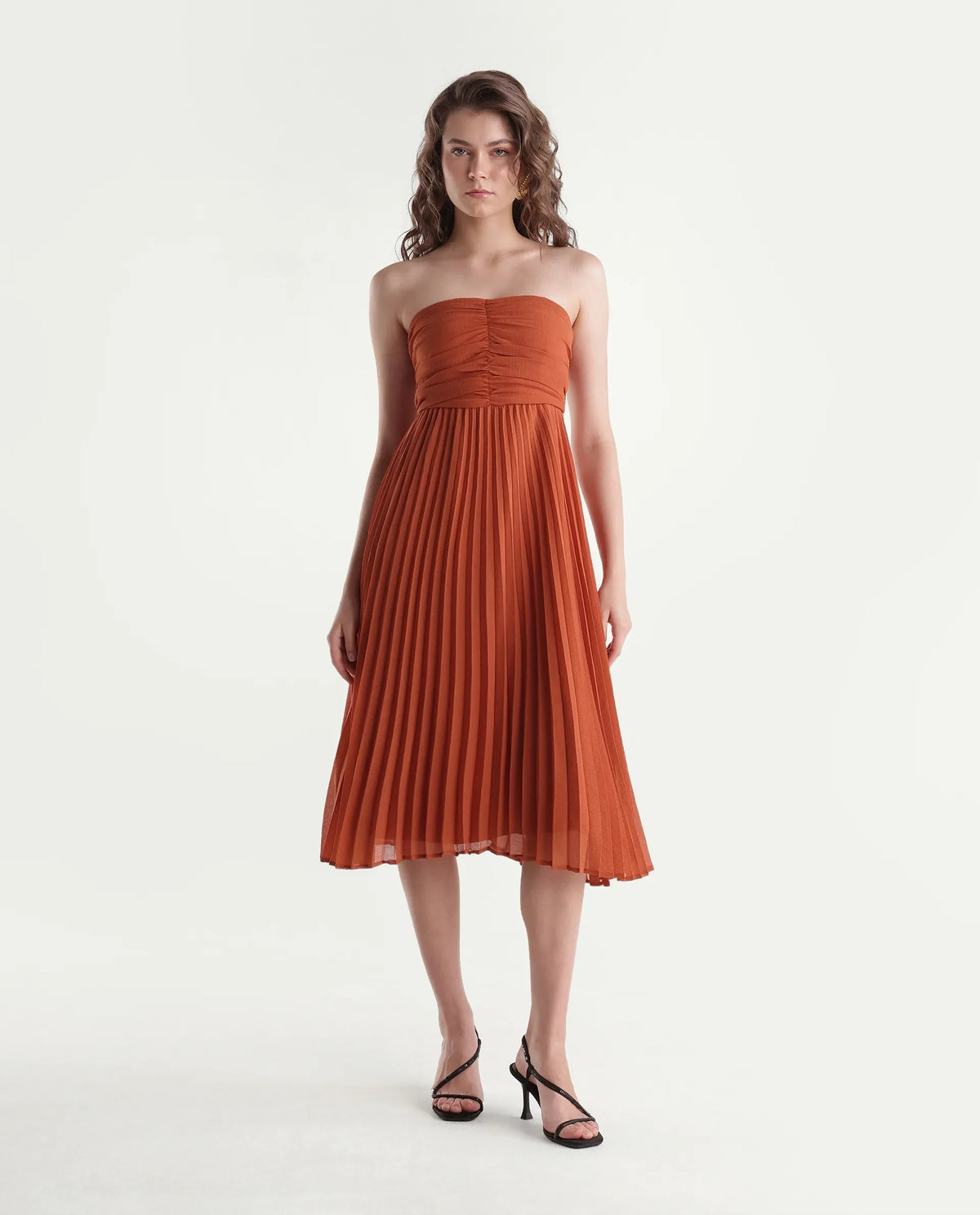 Rareism Women's Gilt Rust Polyester Elastic Fit And Flare Dress