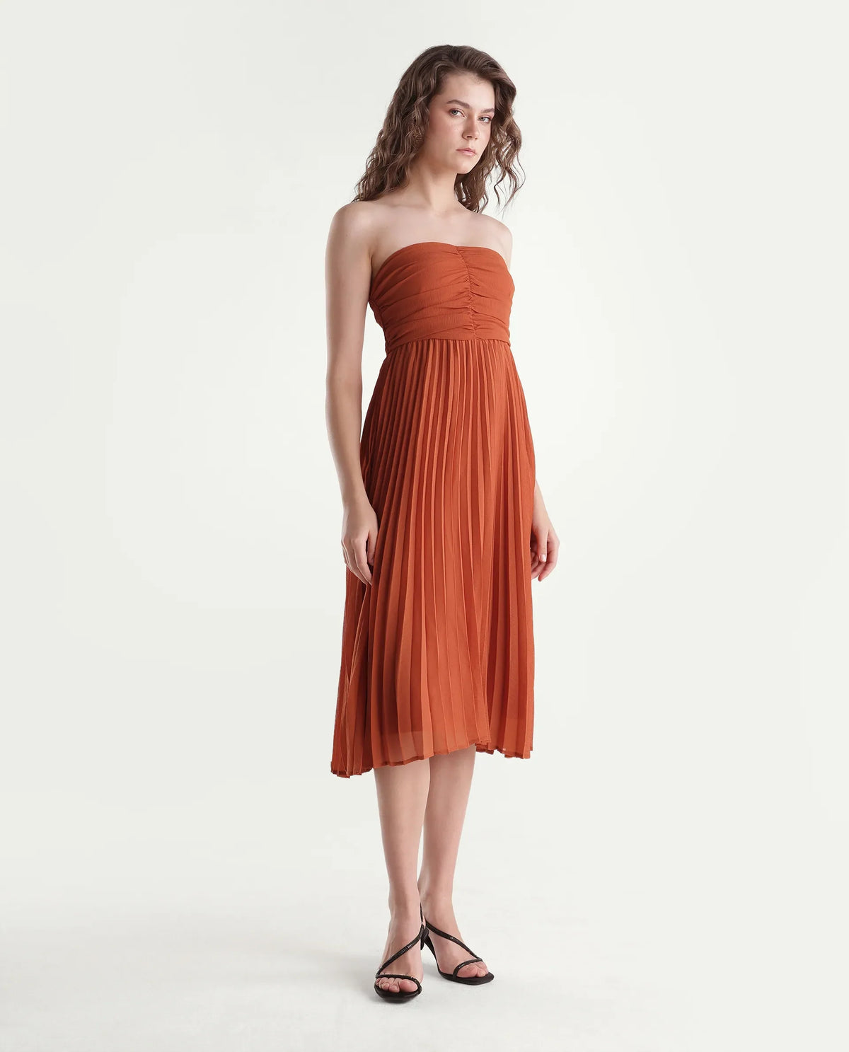 Rareism Women's Gilt Rust Polyester Elastic Fit And Flare Dress