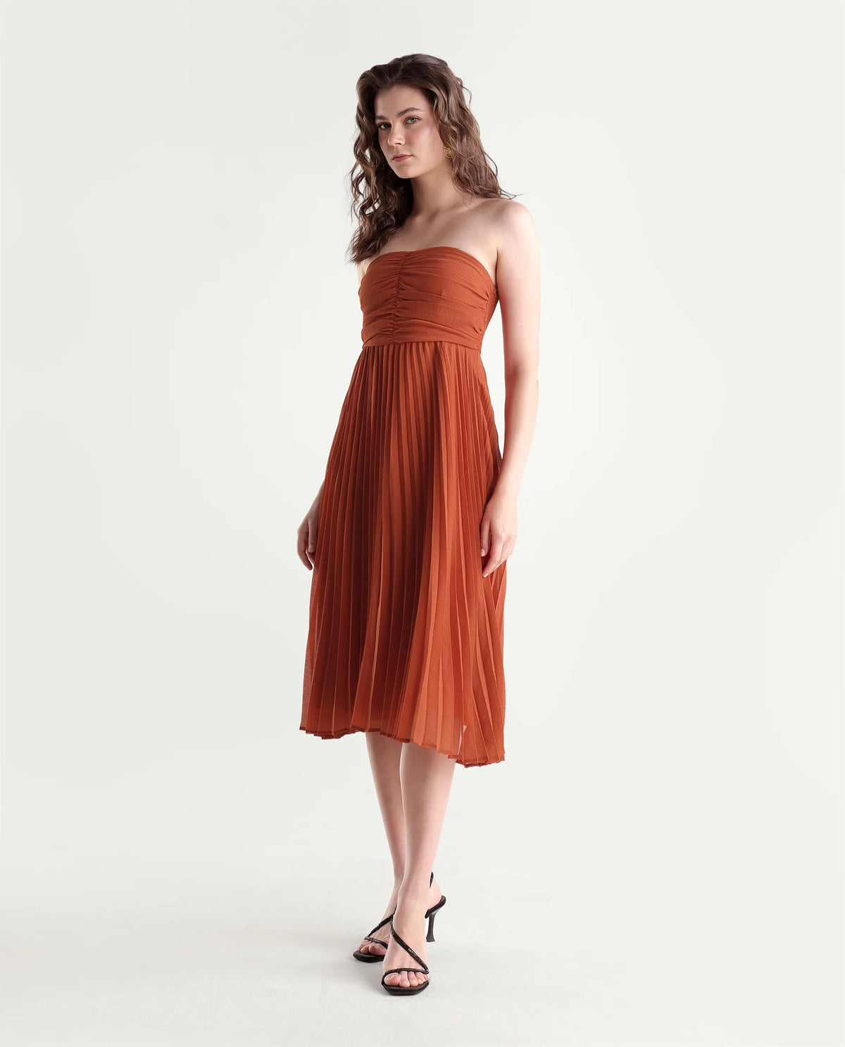 Rareism Women's Gilt Rust Polyester Elastic Fit And Flare Dress