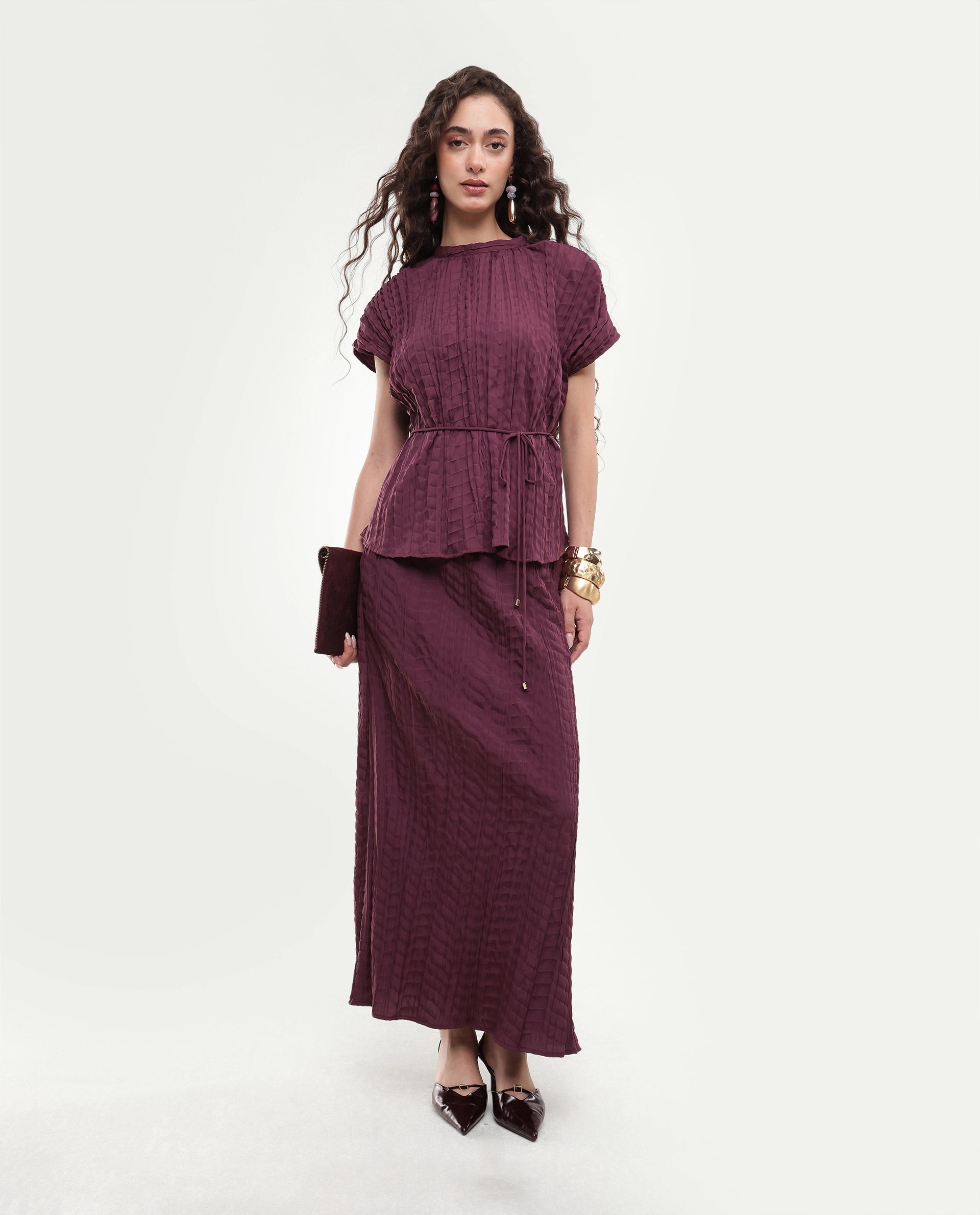 Rareism Women's Saco-B Dusky Purple Self Design Polyester Straight Maxi Skirt