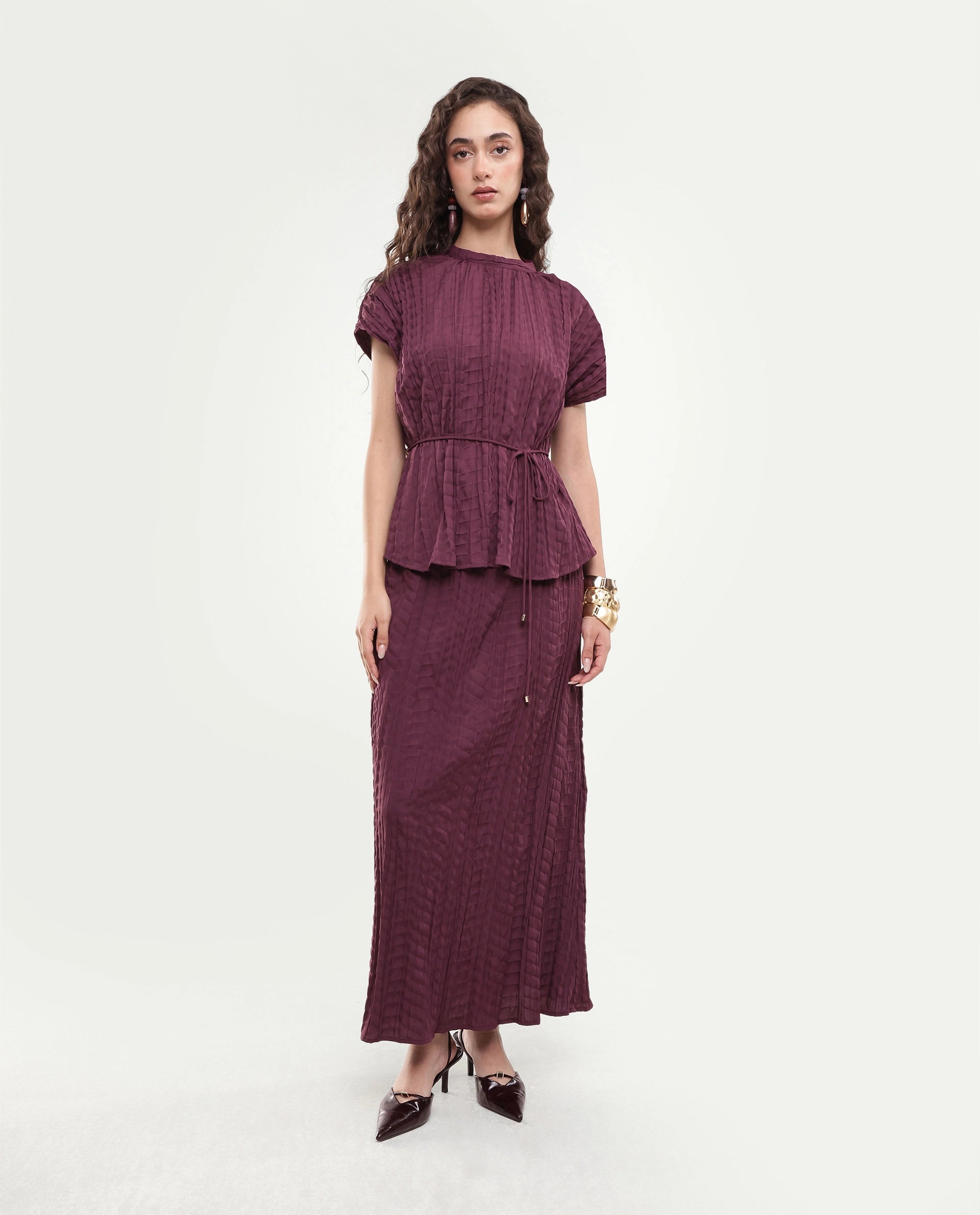 Rareism Women's Saco-B Dusky Purple Self Design Polyester Straight Maxi Skirt