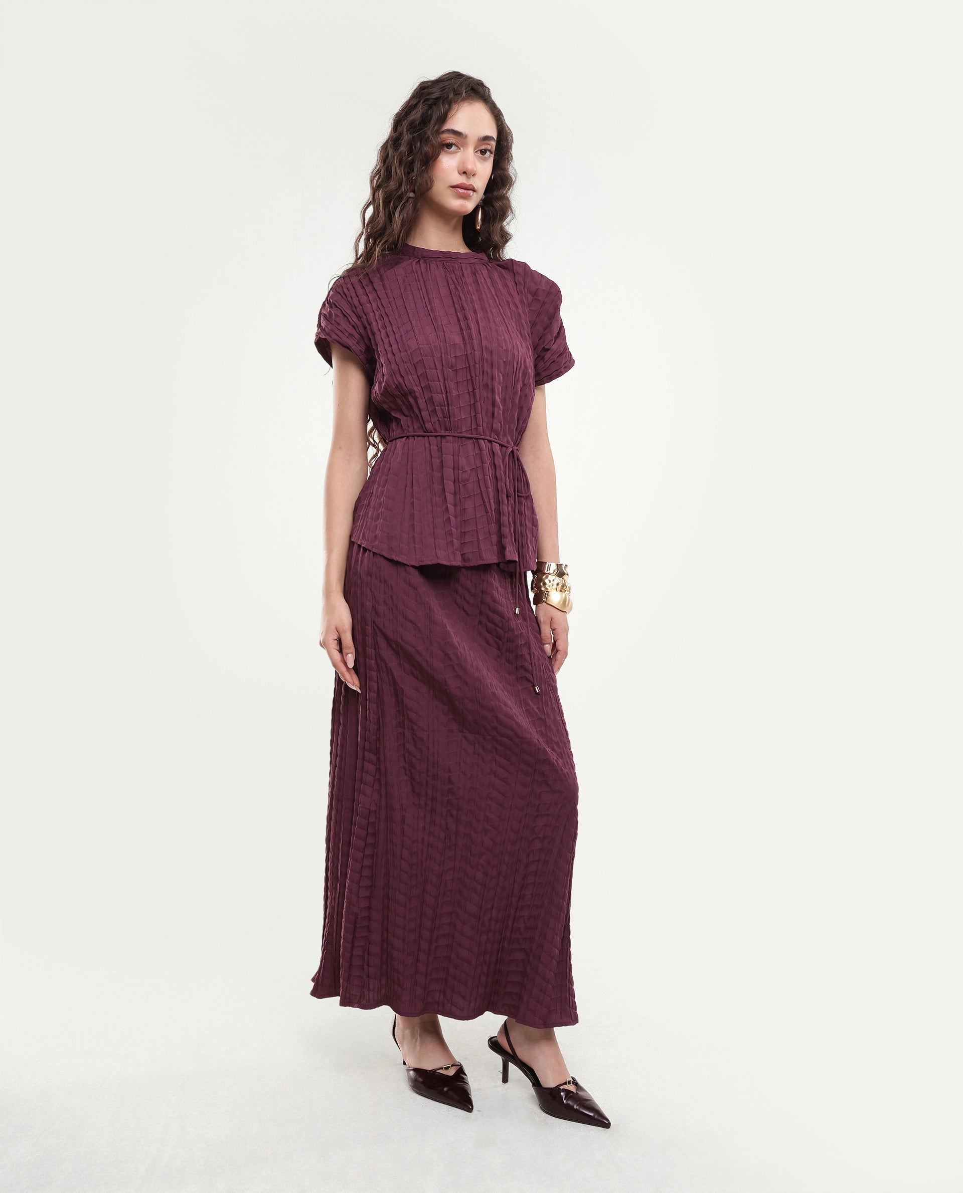 Rareism Women's Saco-B Dusky Purple Self Design Polyester Straight Maxi Skirt