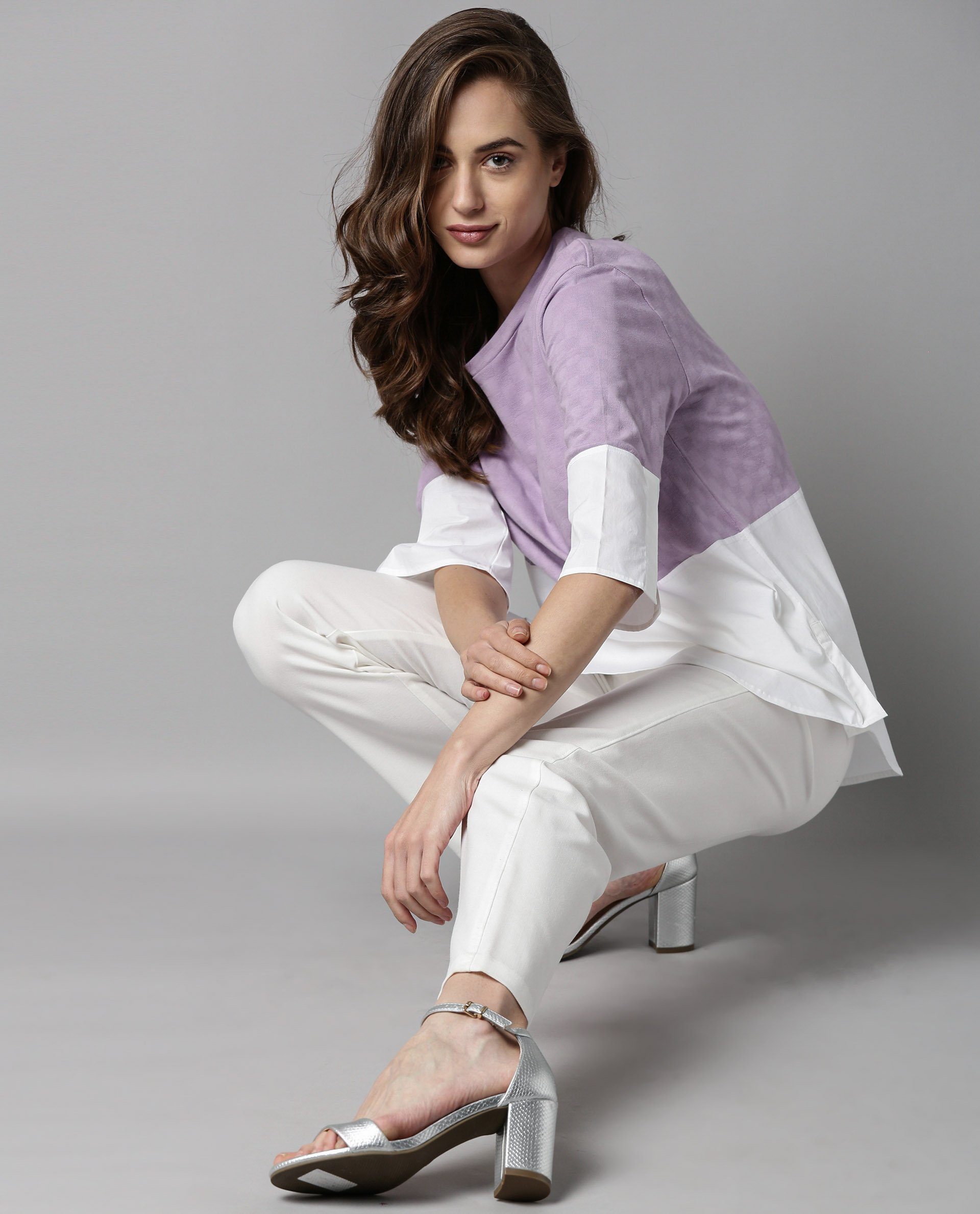Rareism Women Lux Purple Top Knit Fabric Short Sleeves Solid