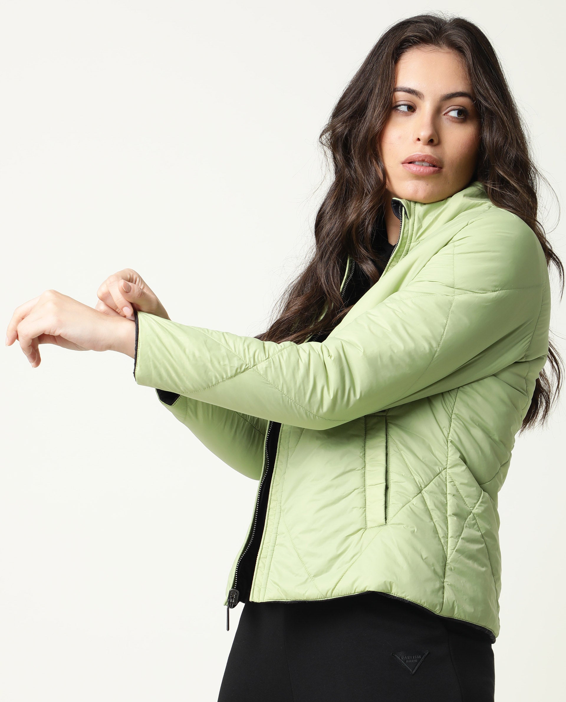 Rareism Women Cora Black Polyester Fabric Full Sleeves Solid High Neck Jacket