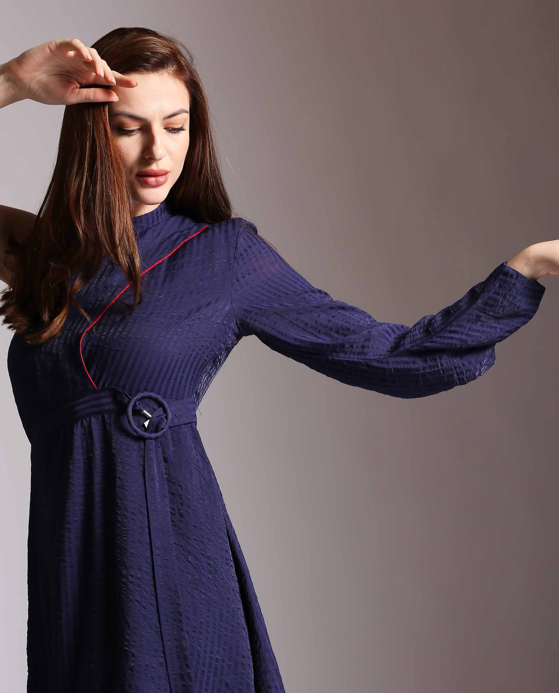 Rareism Women's Carnival Navy Tube Neck Plain Knee Length Regular Fit Dress