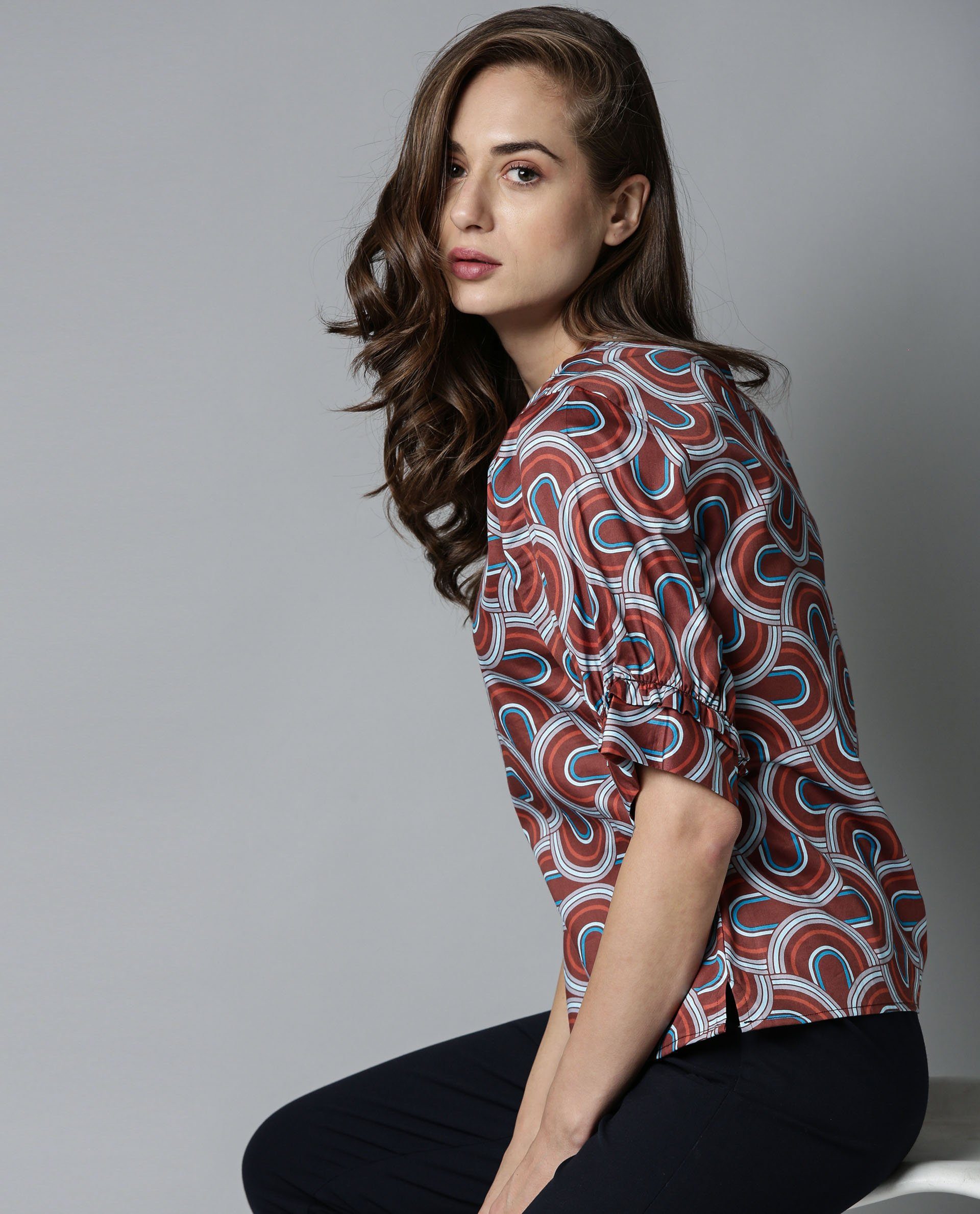 Rareism Women's Jimmi Brown Cotton Crew Neck Geometric Print Regular Fit Top