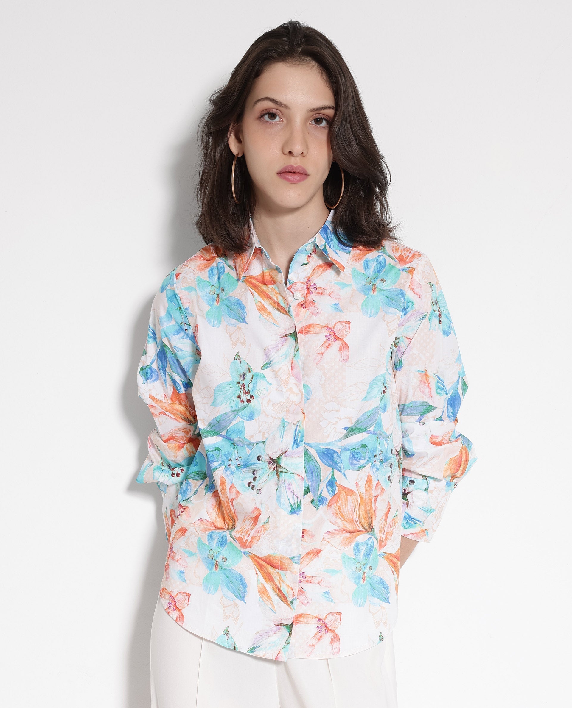 Rareism Women's Abbi Off White Cotton Spread Collar Floral Print Cuffed Sleeve Relaxed Fit Top