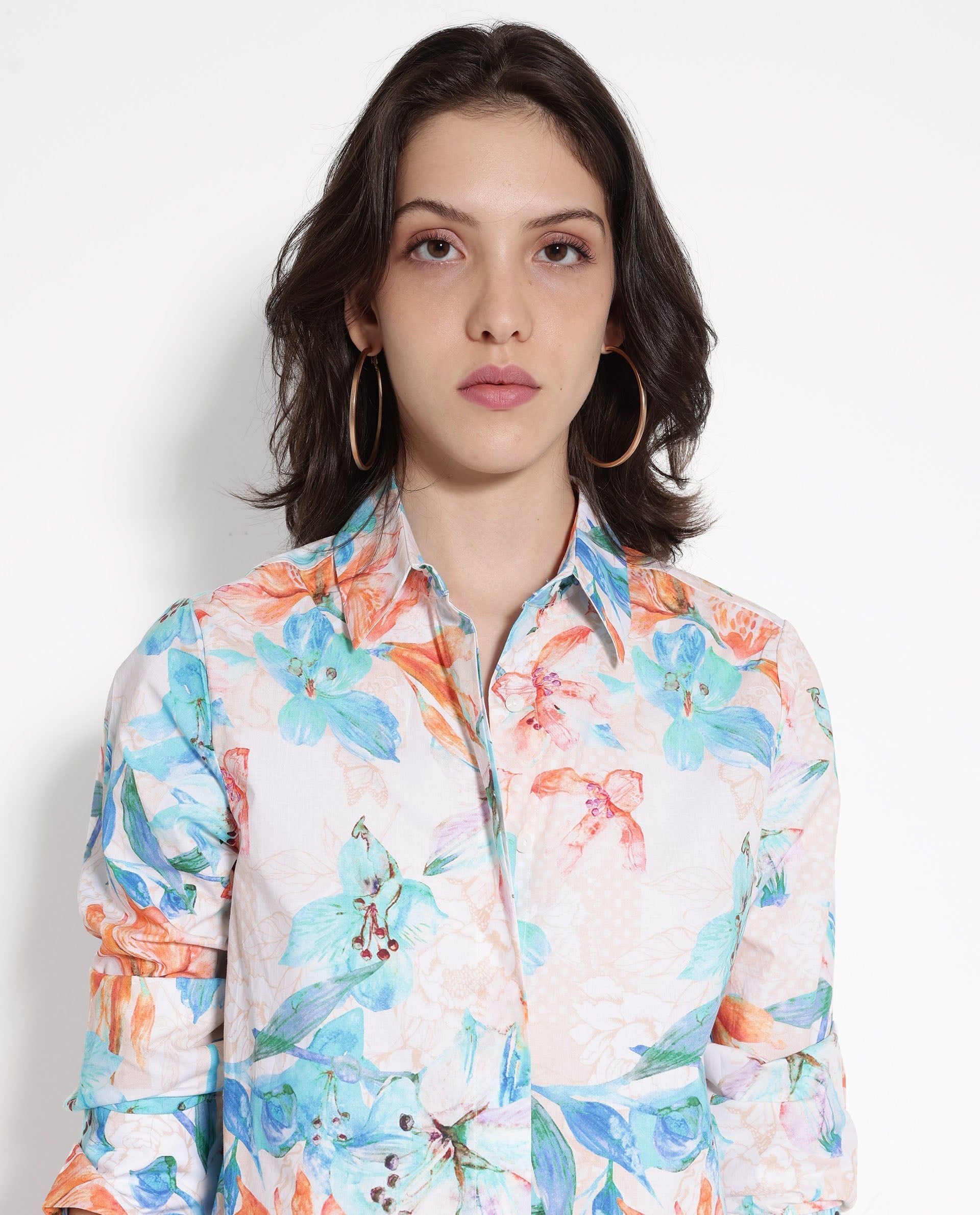 Rareism Women's Abbi Off White Cotton Spread Collar Floral Print Cuffed Sleeve Relaxed Fit Top