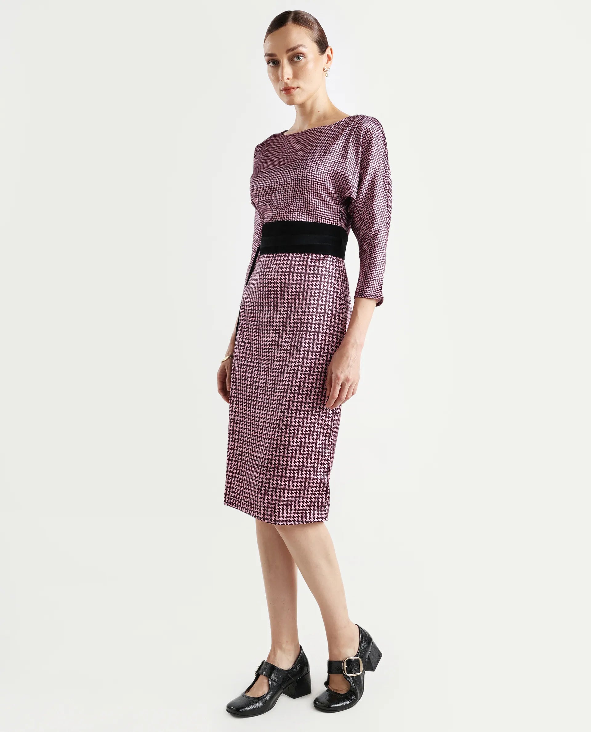 Rareism Women's Abovyan Wine Polyester Boat Neck Geometric Print Midi Straight Fit Dress