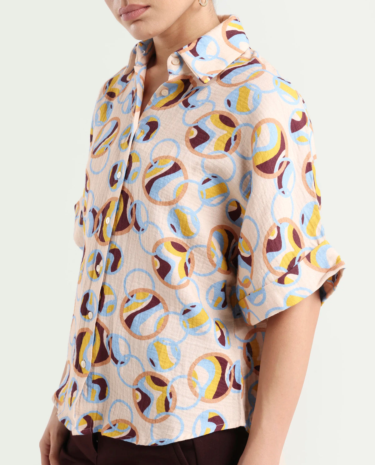 Rareism Women's Abuto-T Light Multi Cotton Drop Collar Abstract Print Extended Sleeves Regular Fit Shirt