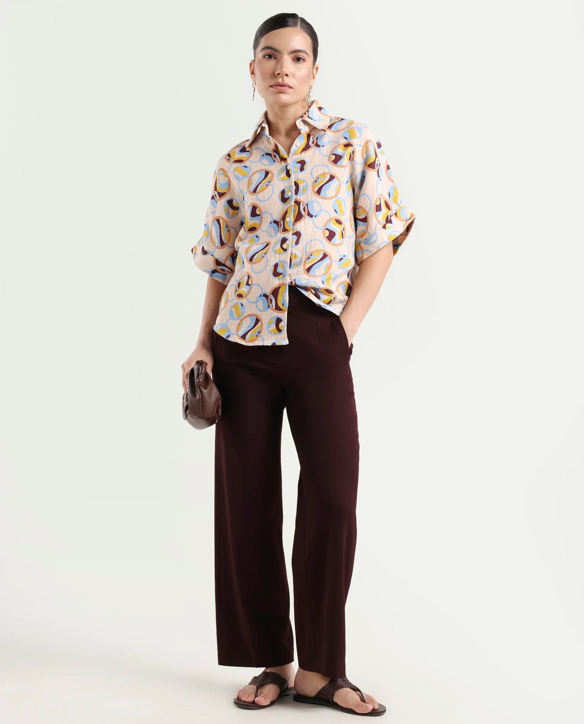 Rareism Women's Abuto-T Light Multi Cotton Drop Collar Abstract Print Extended Sleeves Regular Fit Shirt
