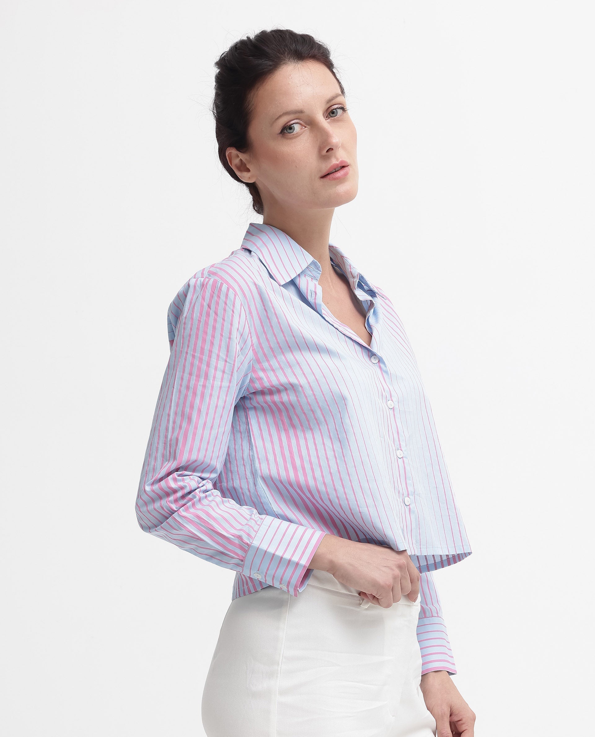 Rareism Women's Abylay Light Purple Drop Collar Striped Cuffed Sleeve Regular Fit Top