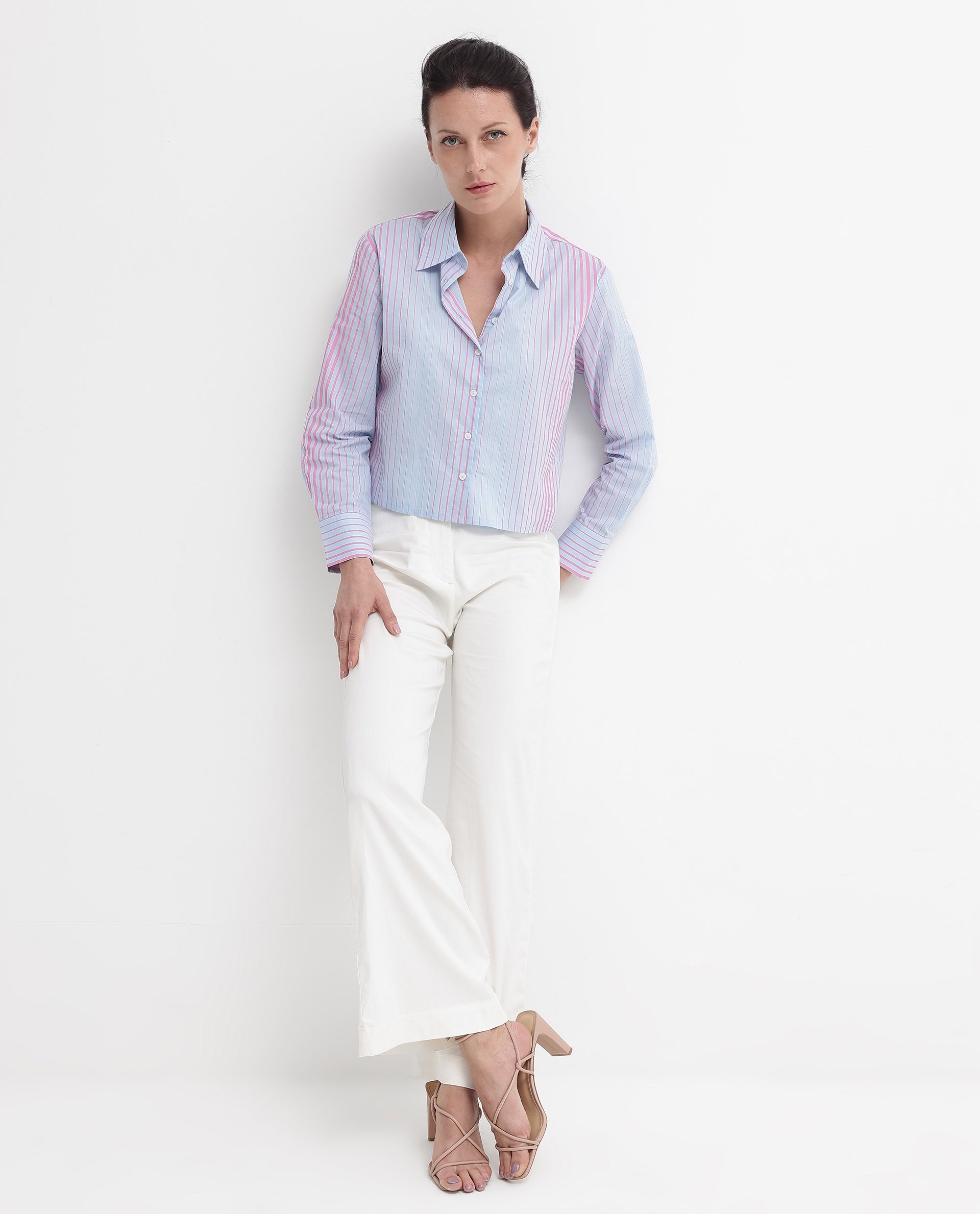 Rareism Women's Abylay Light Purple Drop Collar Striped Cuffed Sleeve Regular Fit Top