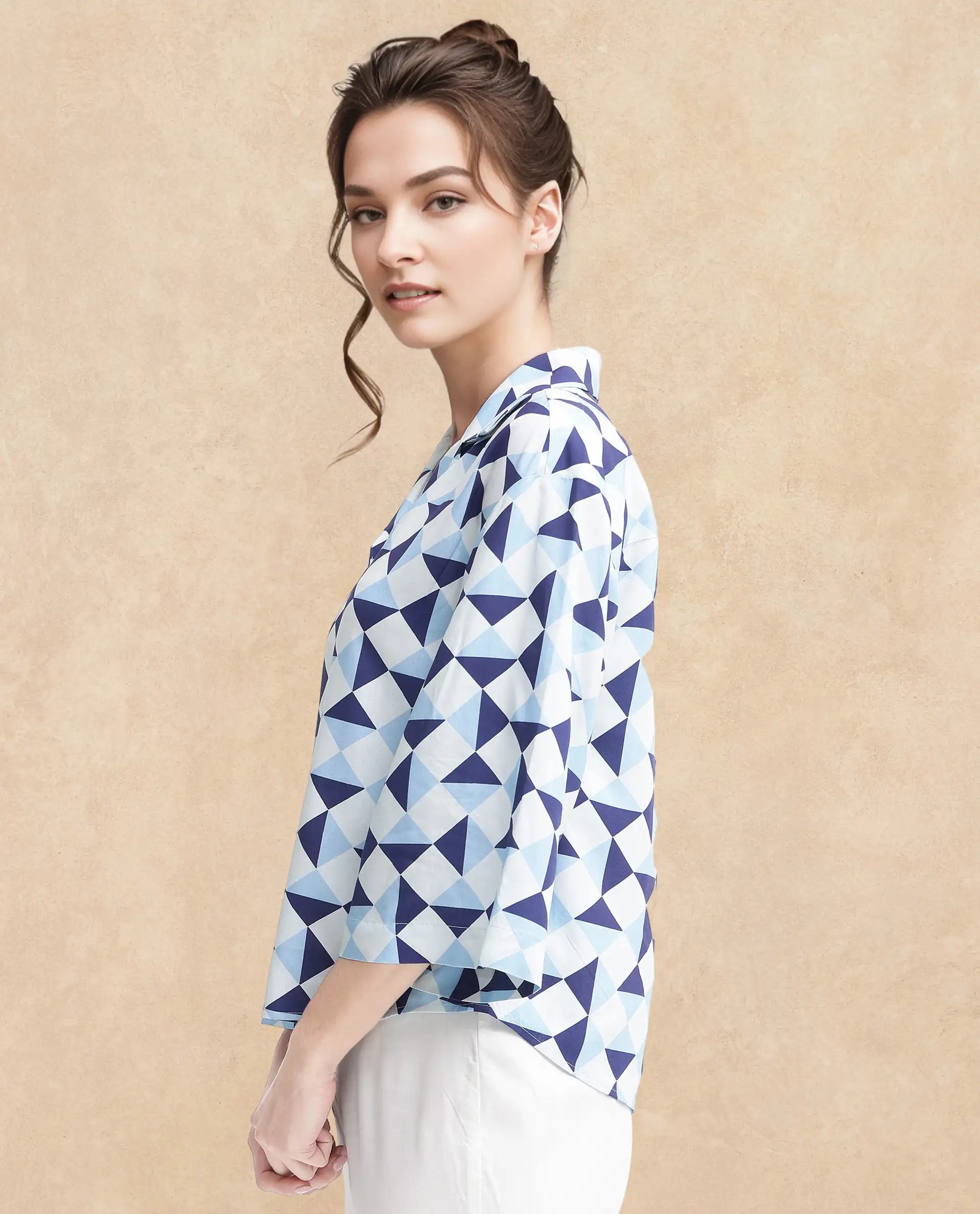 Rareism Women's Acerra Blue Viscose Blend Drop Collar Geometric Print Regular Fit Shirt