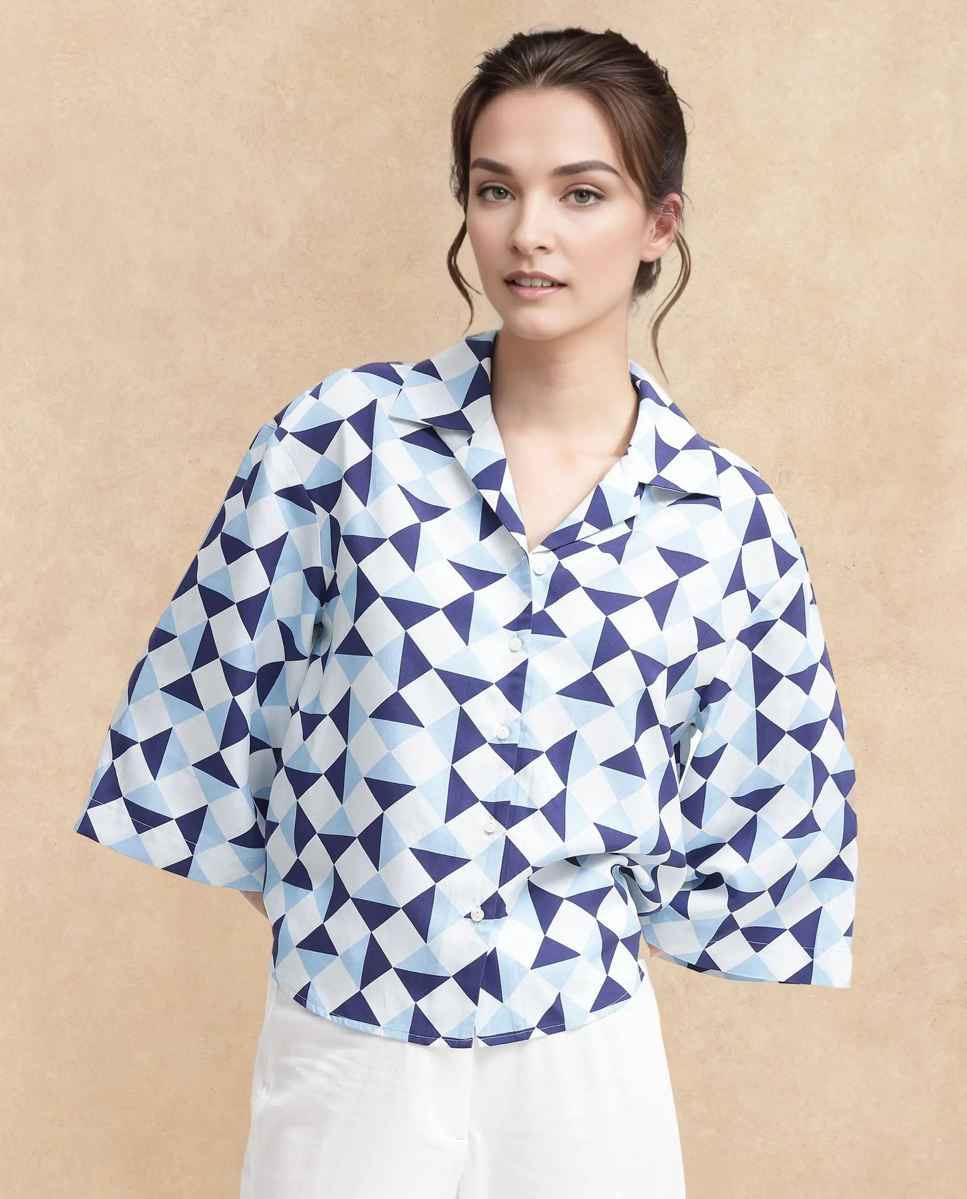 Rareism Women's Acerra Blue Viscose Blend Drop Collar Geometric Print Regular Fit Shirt