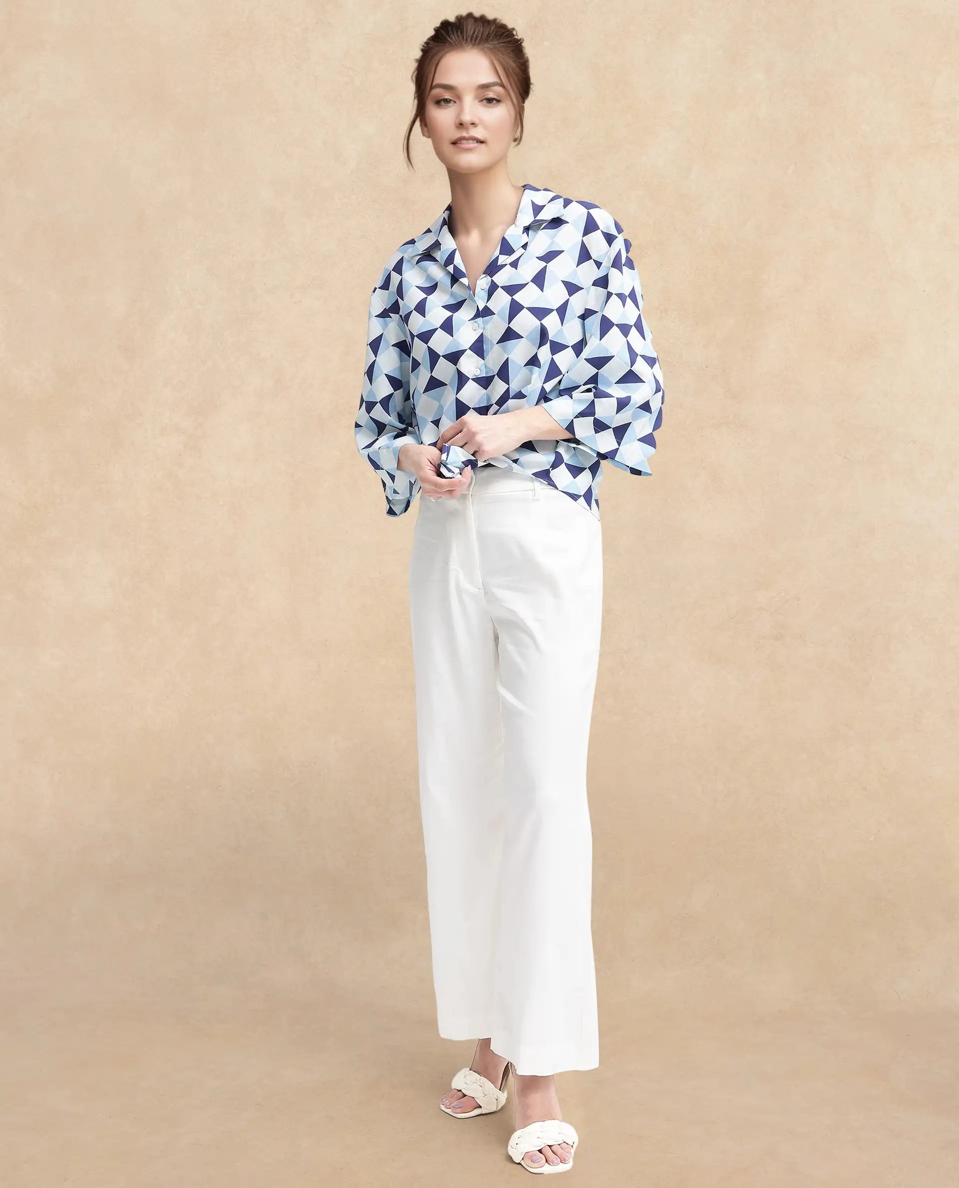 Rareism Women's Acerra Blue Viscose Blend Drop Collar Geometric Print Regular Fit Shirt