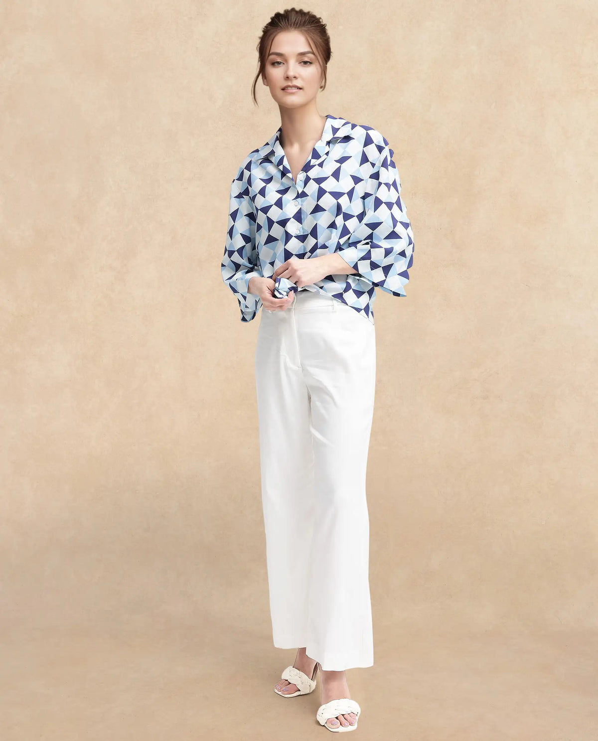 Rareism Women Acerra-SC Blue 3/4Th Sleeve Collared Neck Button Closure Geometric Print Shirt