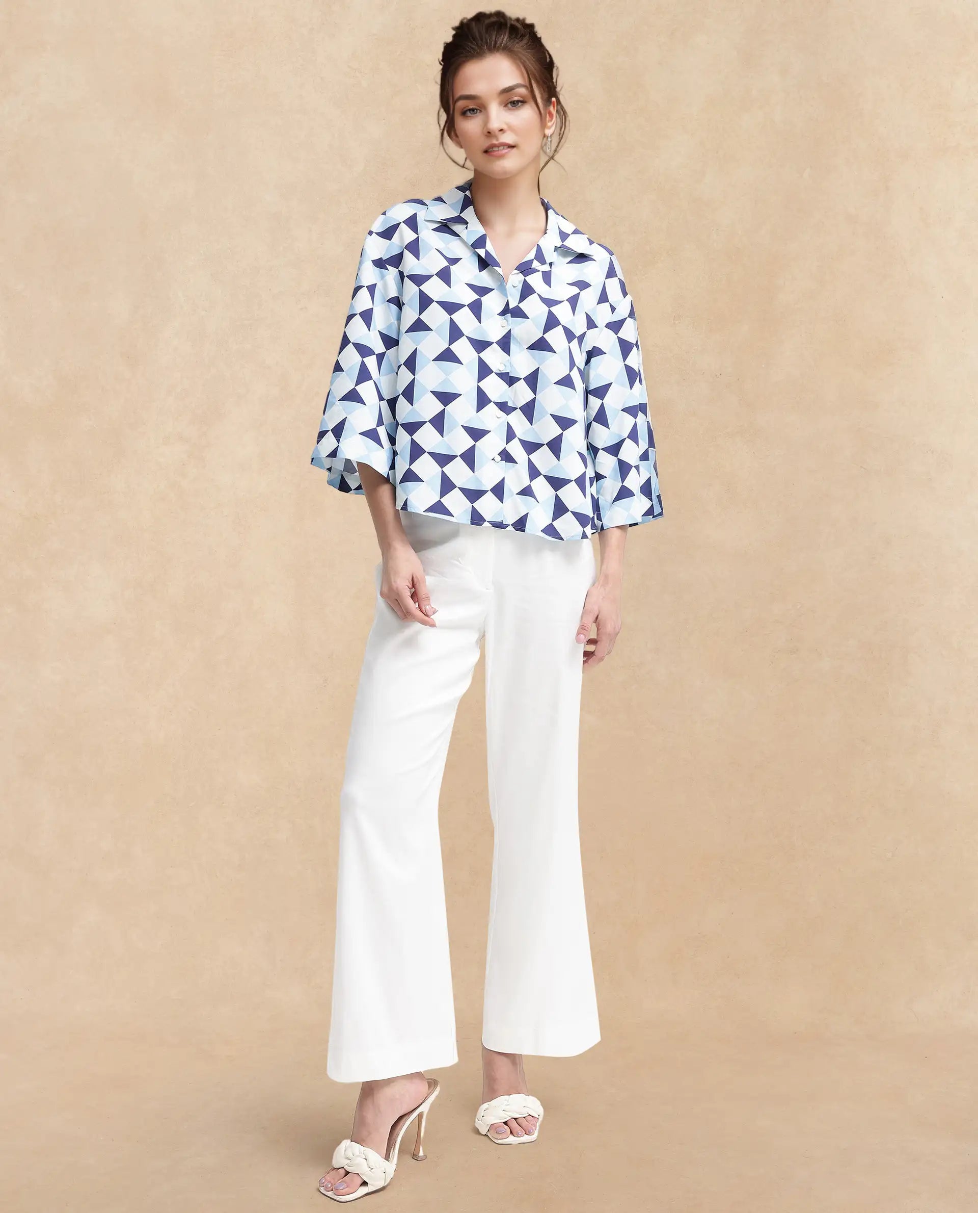 Rareism Women's Acerra Blue Viscose Blend Drop Collar Geometric Print Regular Fit Shirt