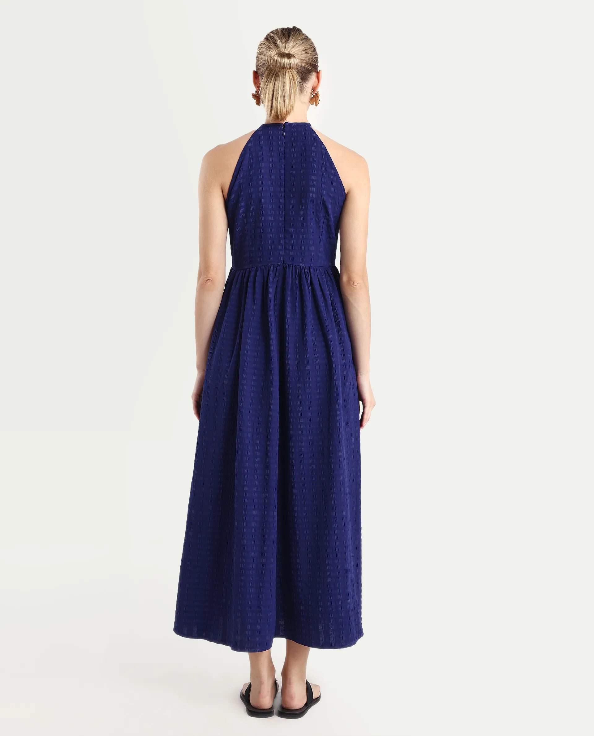 Rareism Women's Acina Blue Polyester Sleeveless Fit And Flare Plain Dress