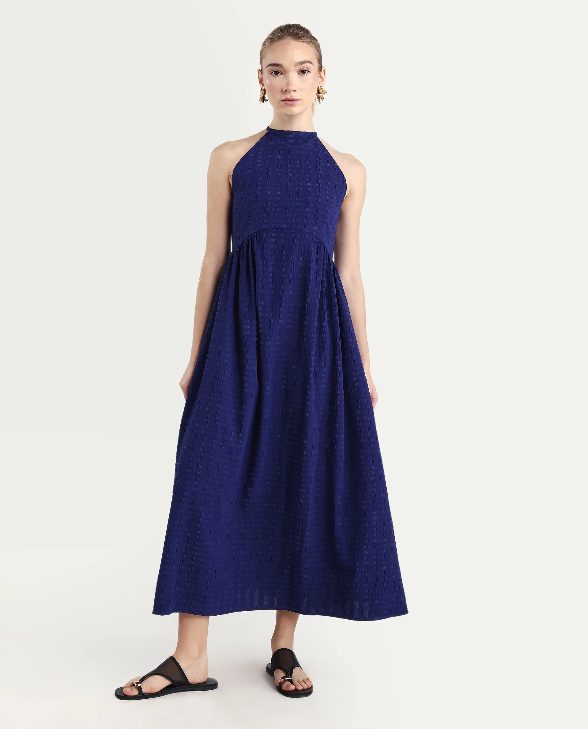 Rareism Women's Acina Blue Polyester Sleeveless Fit And Flare Plain Dress