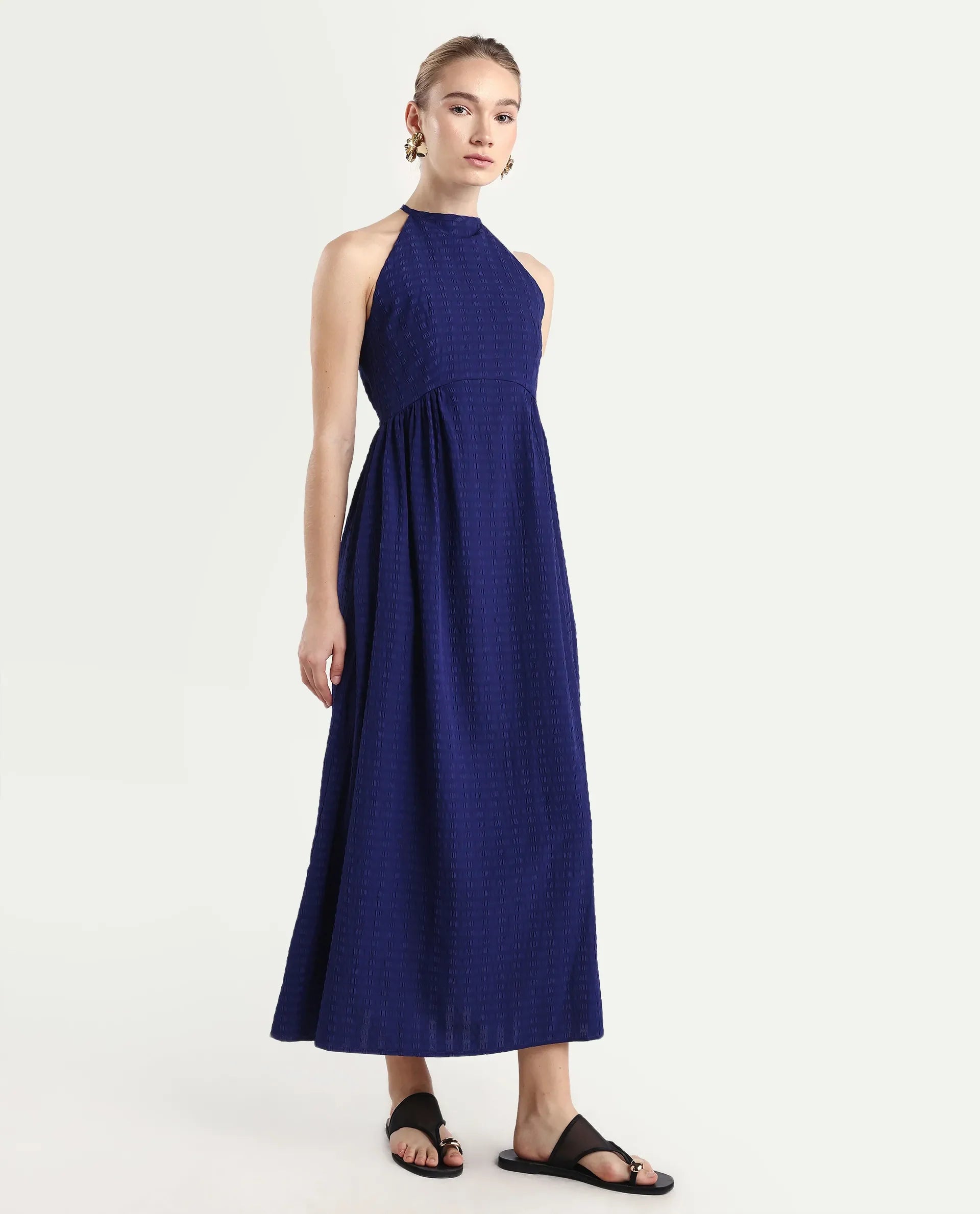 Rareism Women's Acina Blue Polyester Sleeveless Fit And Flare Plain Dress
