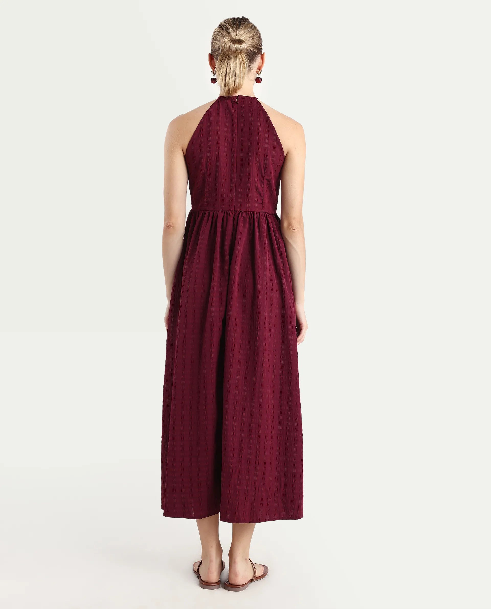 Rareism Women's Acina Maroon Polyester Sleeveless Fit And Flare Plain Dress
