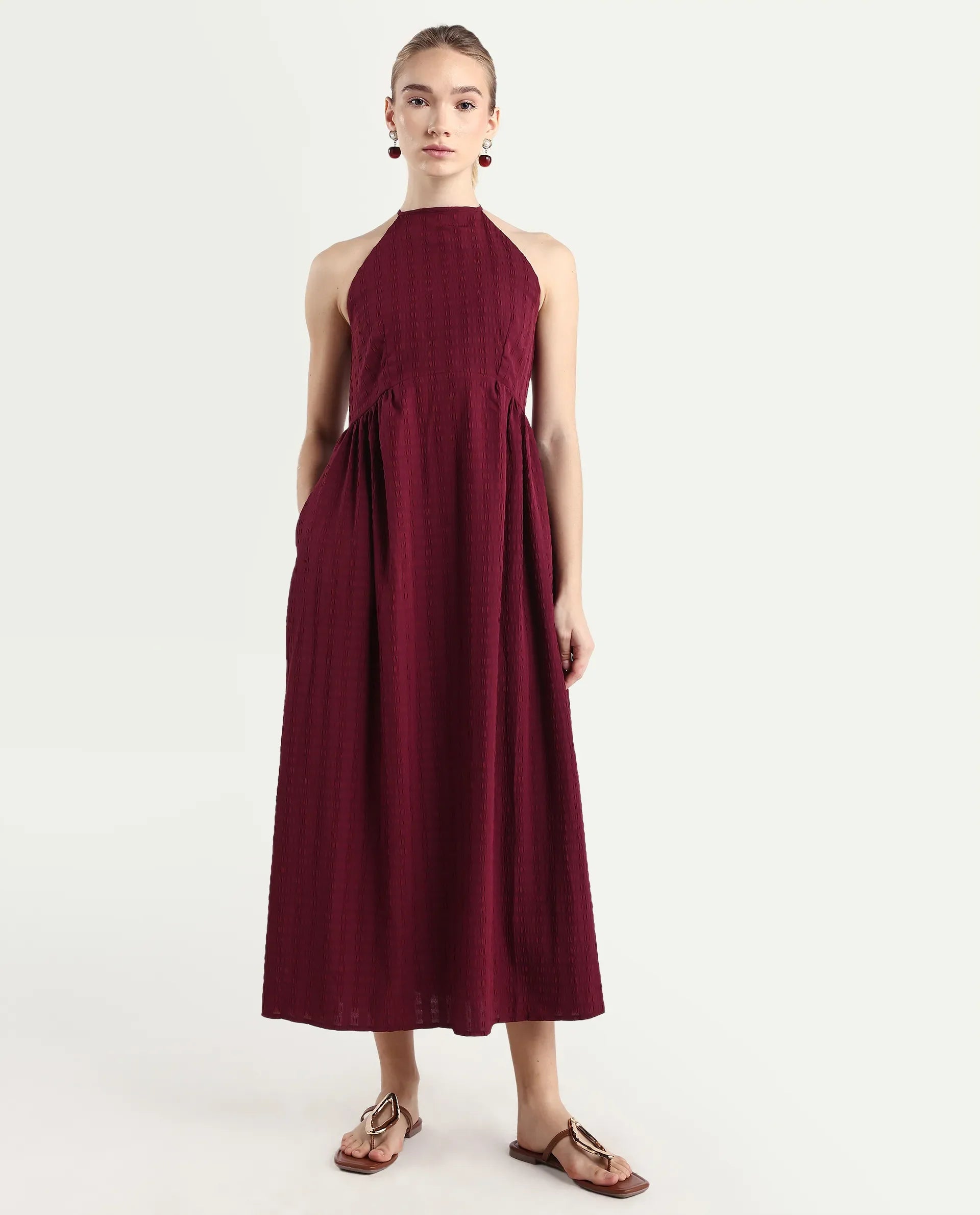 Rareism Women's Acina Maroon Polyester Sleeveless Fit And Flare Plain Dress