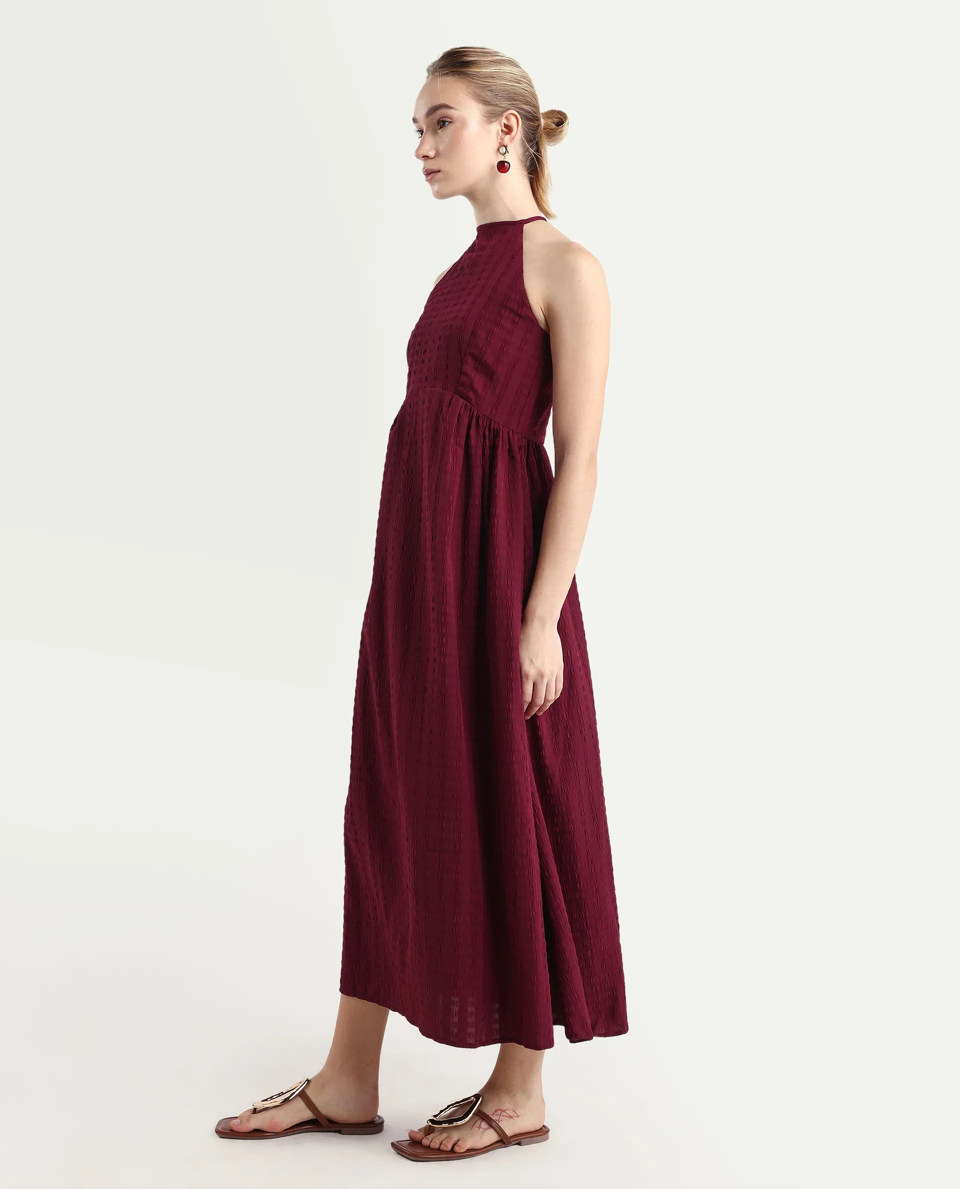 Rareism Women's Acina Maroon Polyester Sleeveless Fit And Flare Plain Dress