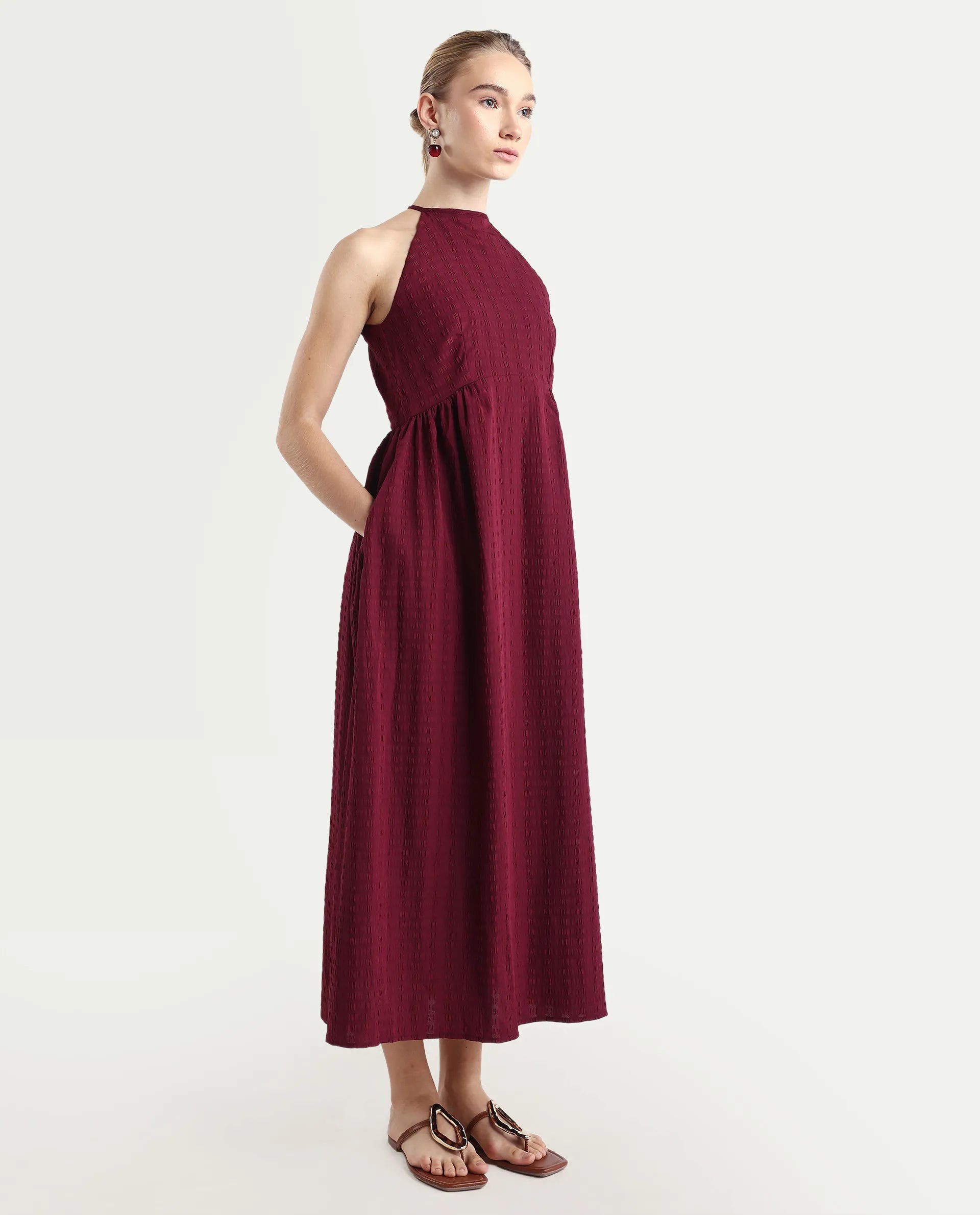 Rareism Women's Acina Maroon Polyester Sleeveless Fit And Flare Plain Dress
