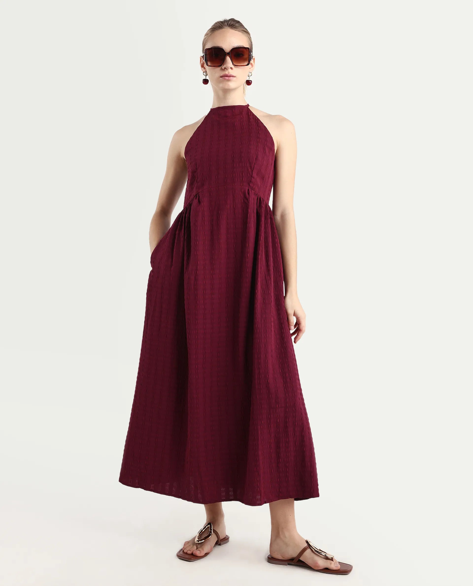 Rareism Women's Acina Maroon Polyester Sleeveless Fit And Flare Plain Dress