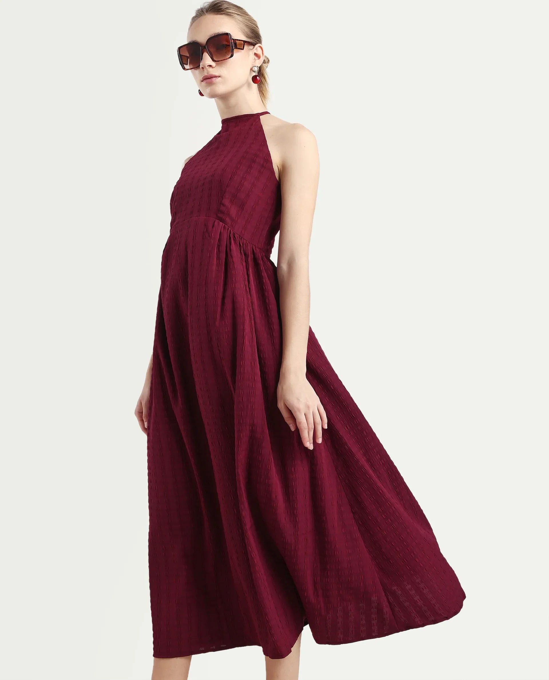 Rareism Women's Acina Maroon Polyester Sleeveless Fit And Flare Plain Dress