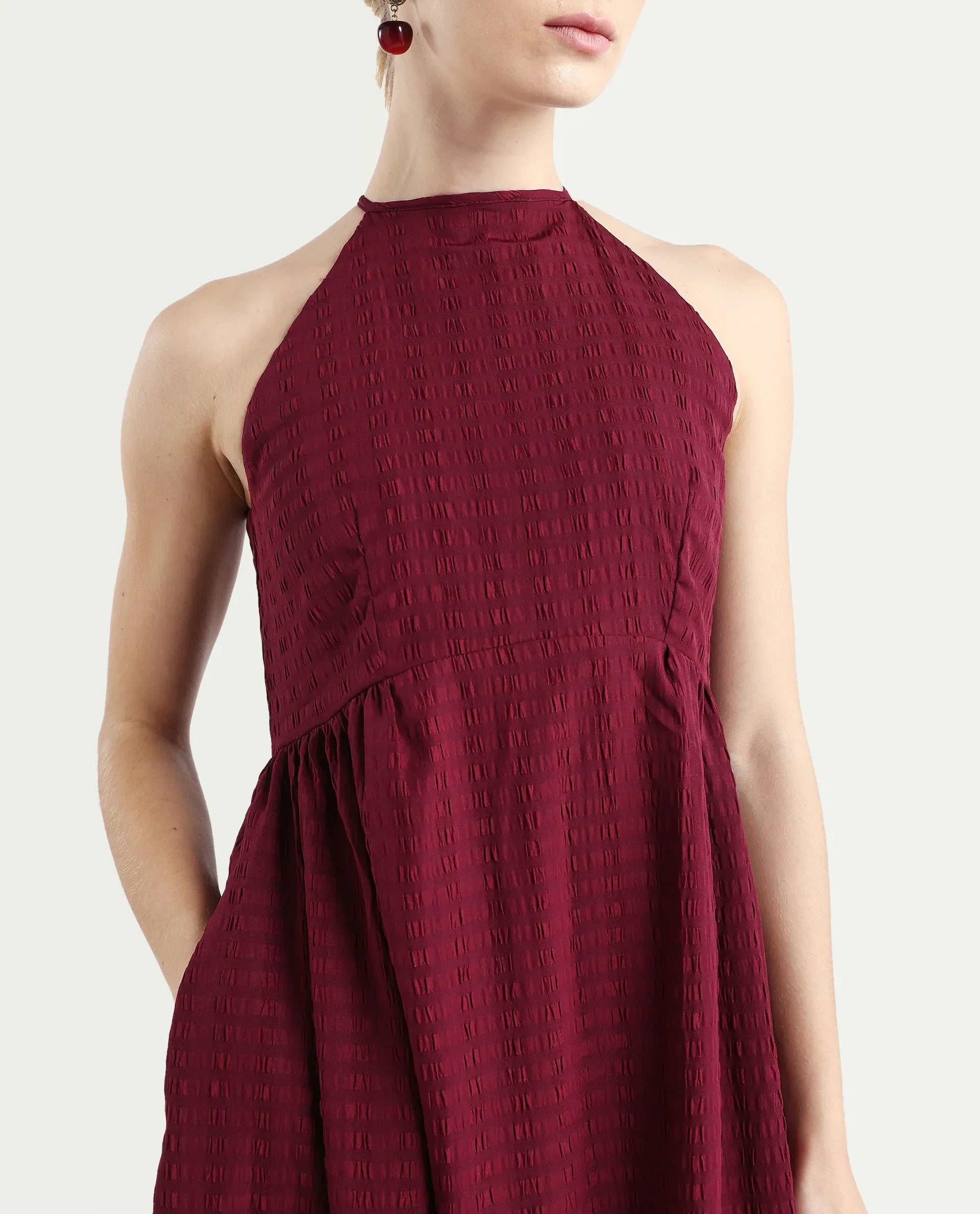 Rareism Women's Acina Maroon Polyester Sleeveless Fit And Flare Plain Dress