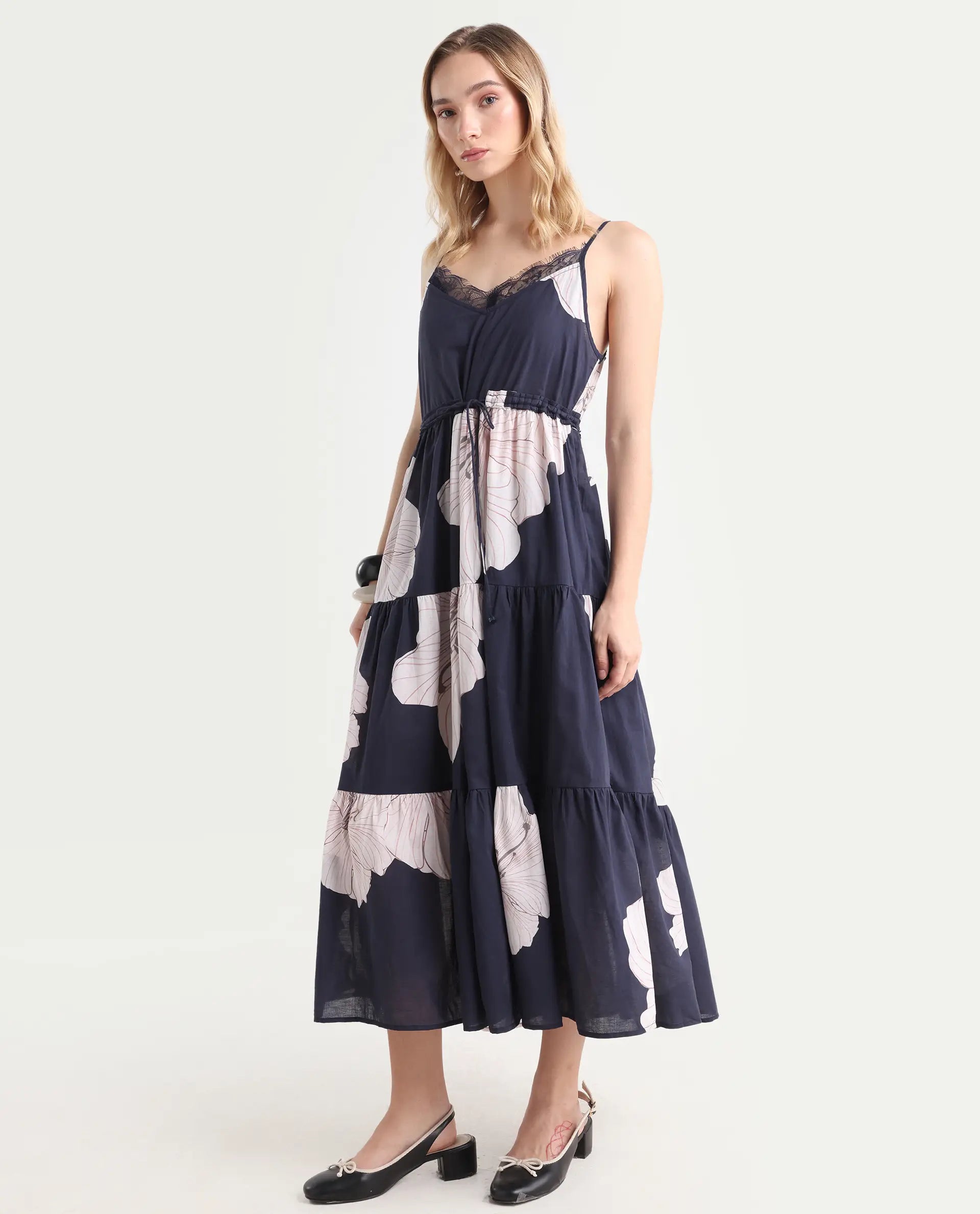 Rareism Women's Acker Navy Cotton V-Neck Floral Print Shoulder Strap Midi Relaxed Fit Dress