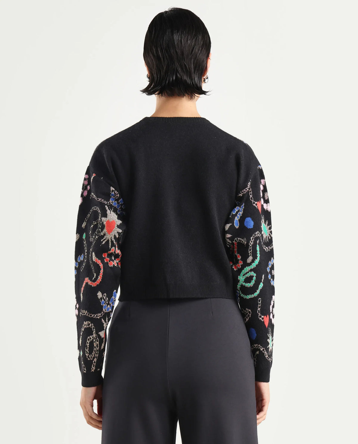 Rareism Women's Adana Black Viscose Crew Neck Abstract Print Regular Fit Sweater