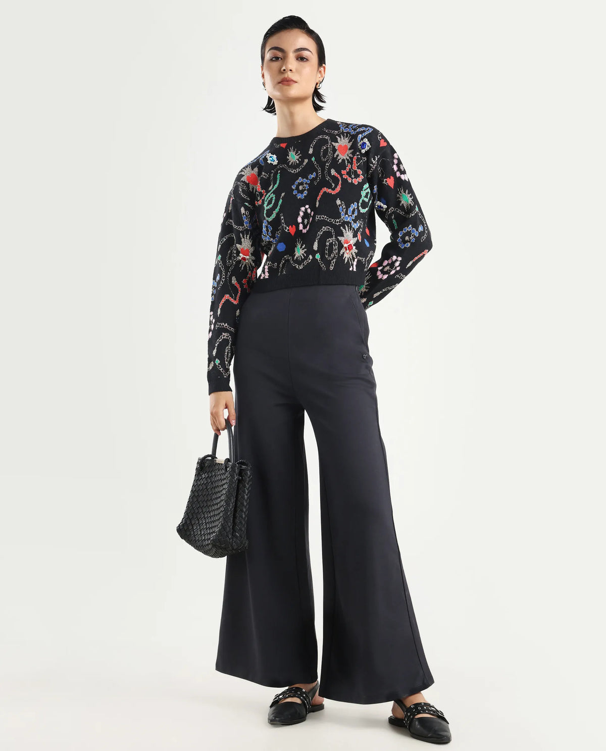 Rareism Women's Adana Black Viscose Crew Neck Abstract Print Regular Fit Sweater