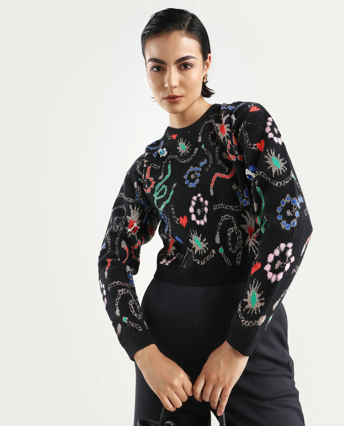 Rareism Women's Adana Black Viscose Crew Neck Abstract Print Regular Fit Sweater